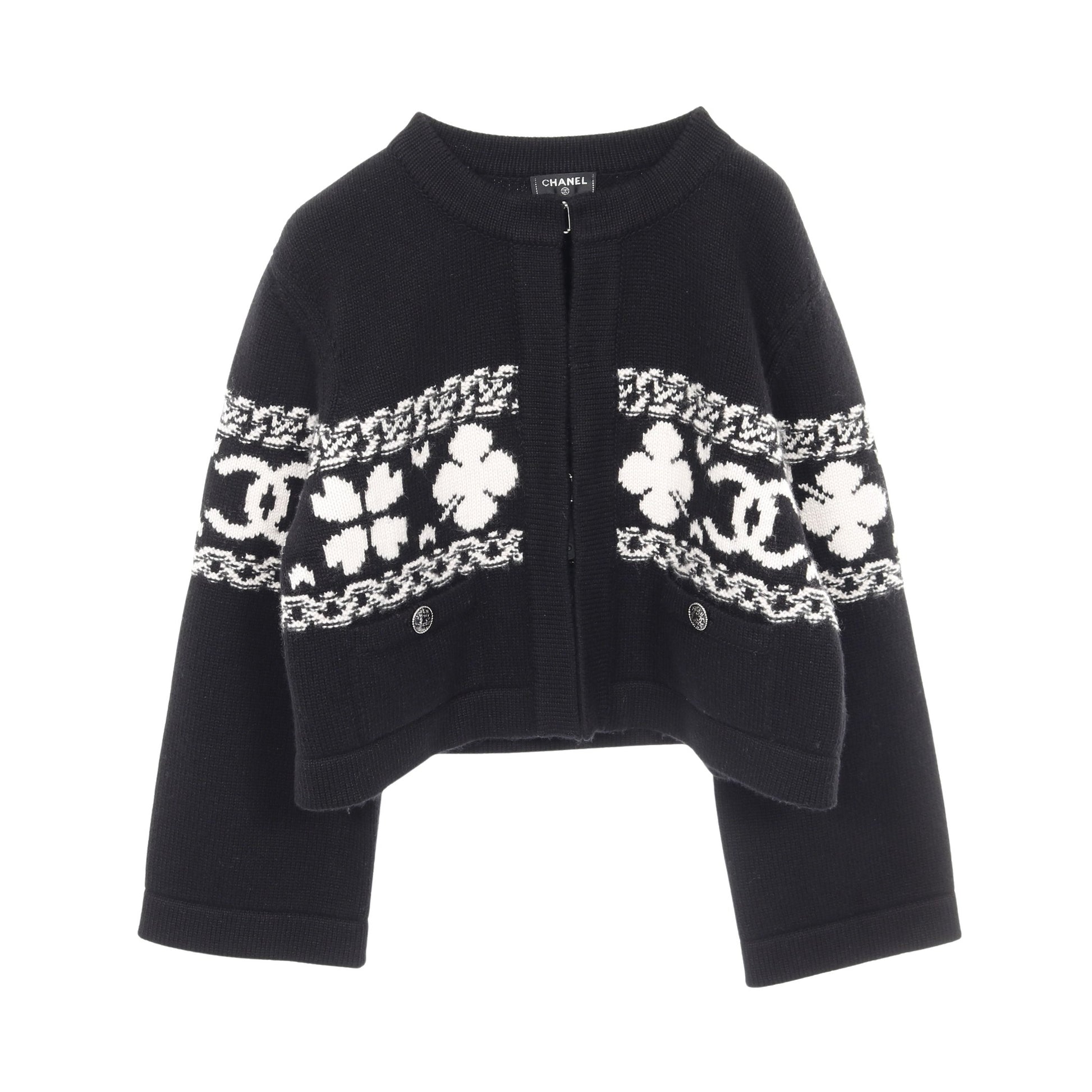ココマーク クローバー クロップド ニット カーディガン カシミヤ コットン ブラック ホワイト シャネル トップス CHANEL