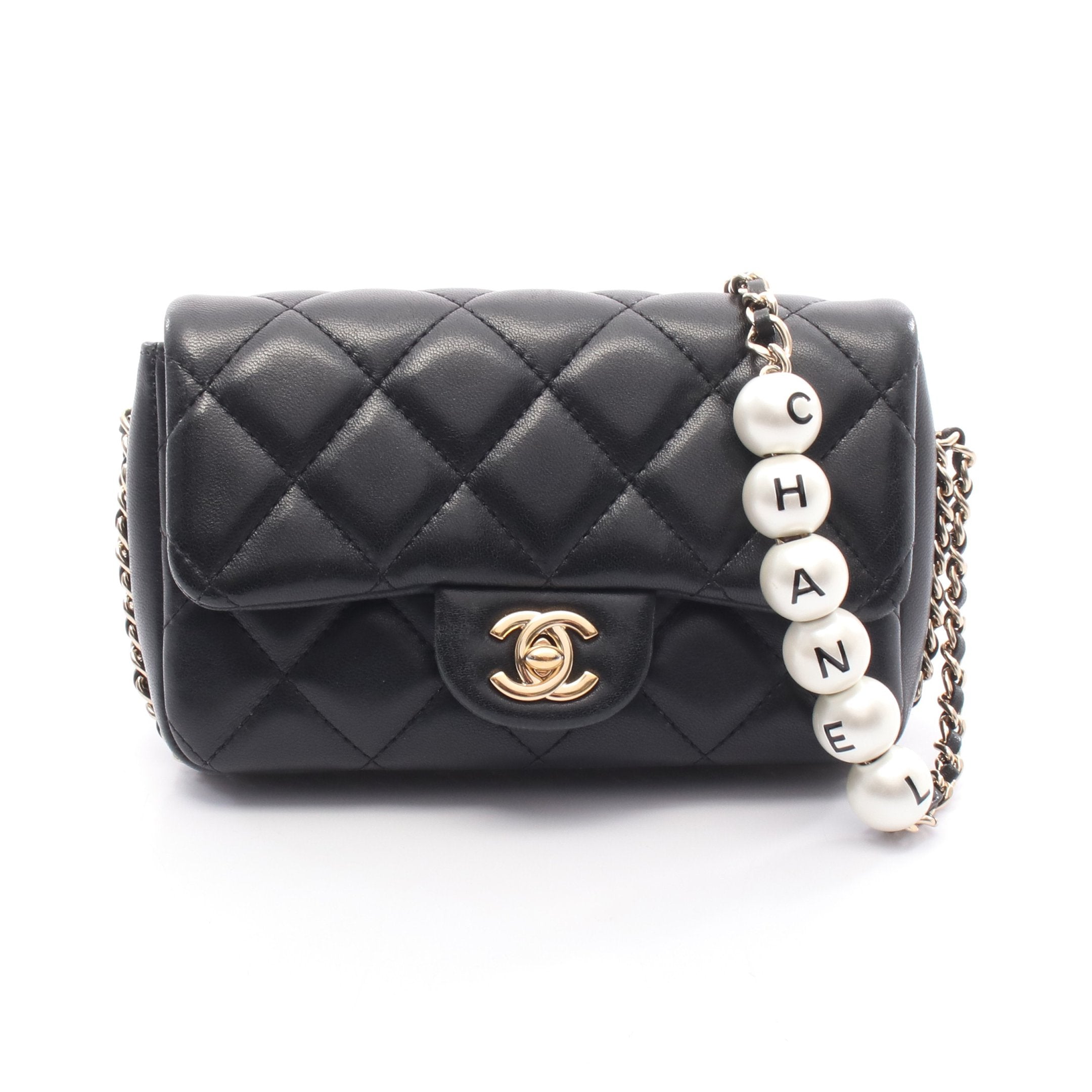 シャネル マトラッセ フラップ チェーン ショルダー バッグ 黒 ラムスキン