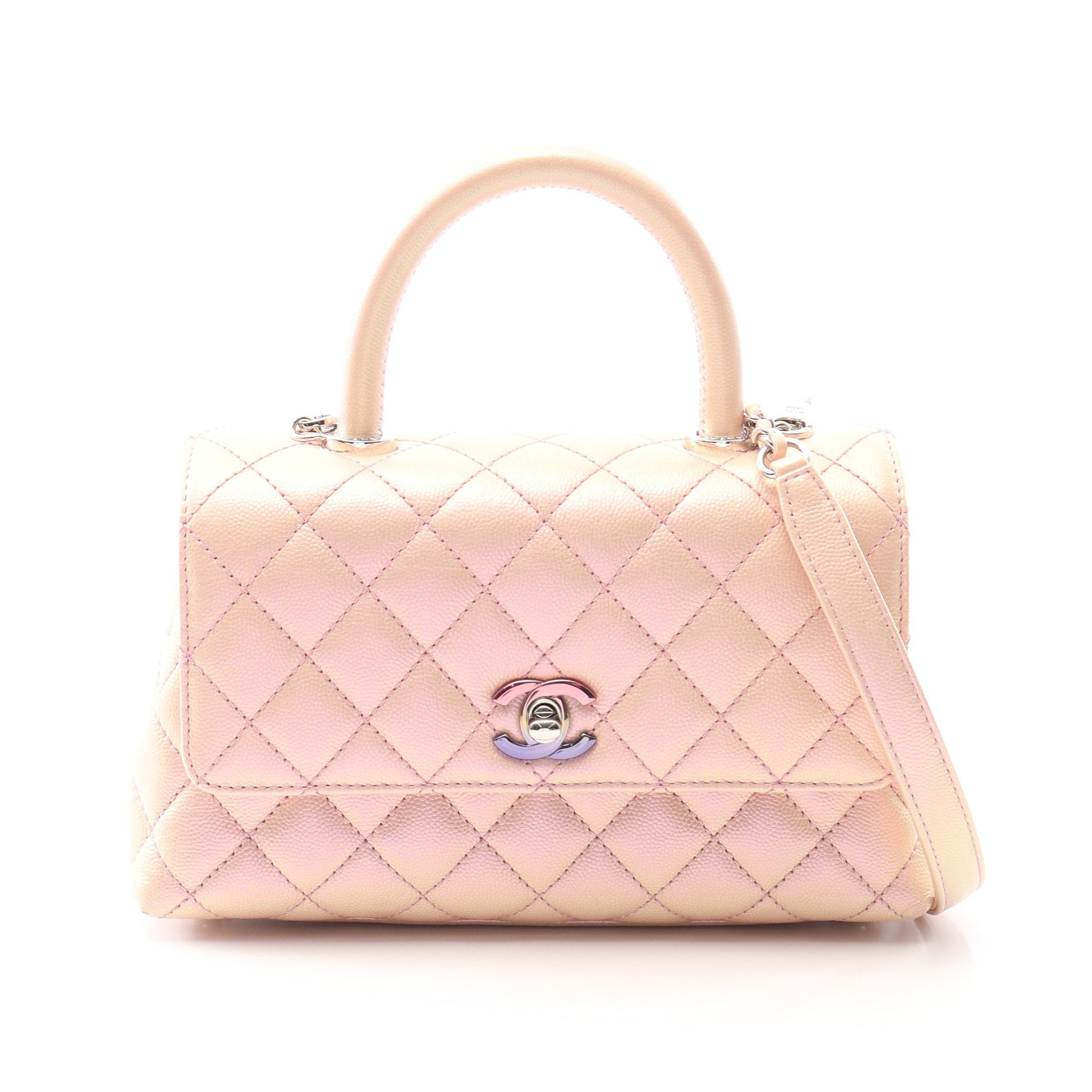 ココハンドル フラップ マトラッセ ハンドバッグ キャビアスキン ピンク シルバー金具 2WAY メタリック シャネル バッグ CHANEL