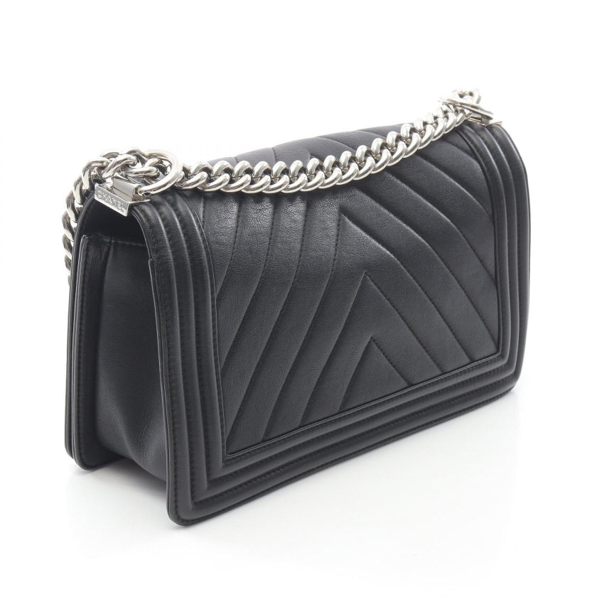 ボーイシャネル シェブロン Vステッチ チェーンショルダーバッグ レザー ブラック シルバー金具 シャネル バッグ CHANEL