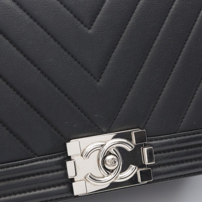 ボーイシャネル シェブロン Vステッチ チェーンショルダーバッグ レザー ブラック シルバー金具 シャネル バッグ CHANEL