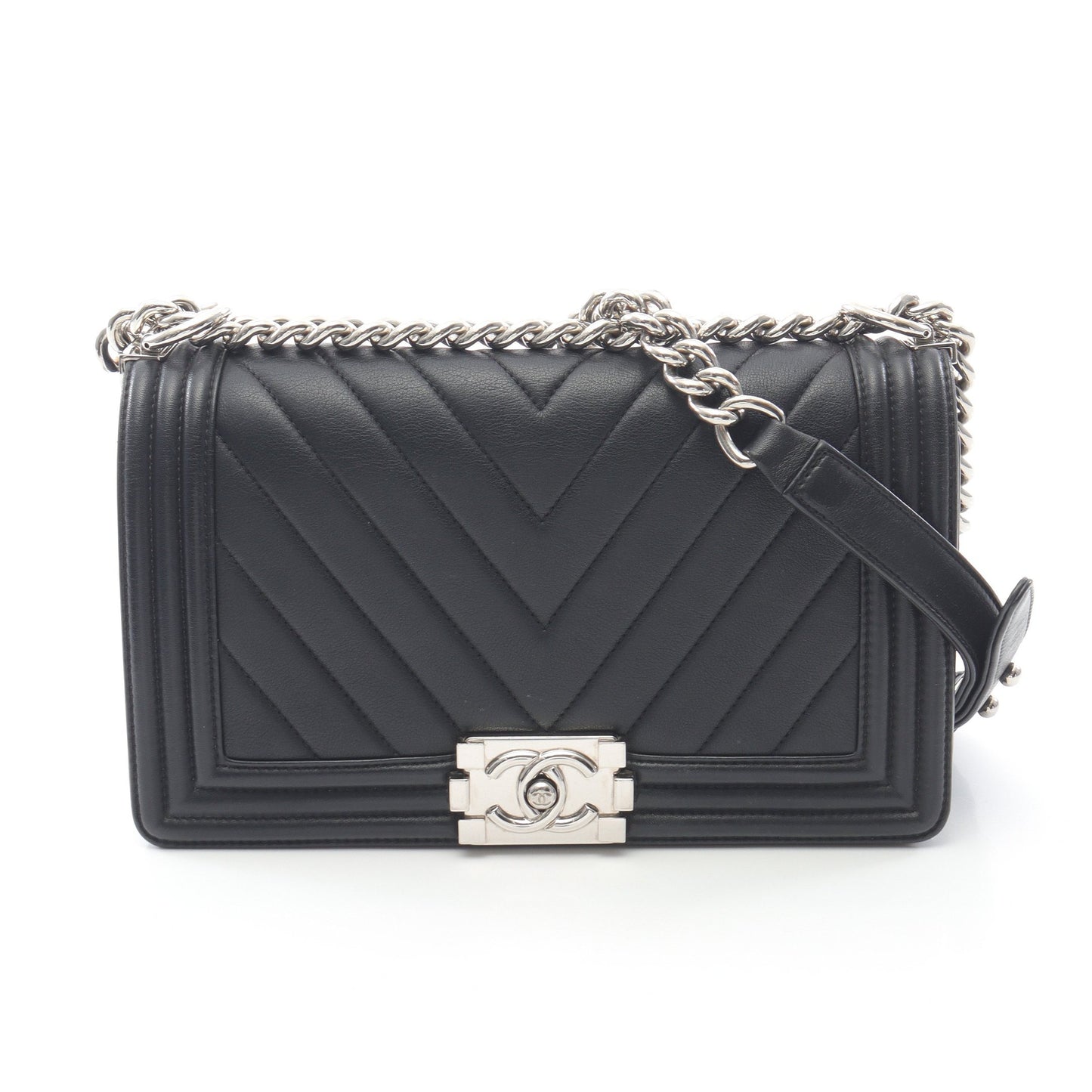 ボーイシャネル シェブロン Vステッチ チェーンショルダーバッグ レザー ブラック シルバー金具 シャネル バッグ CHANEL