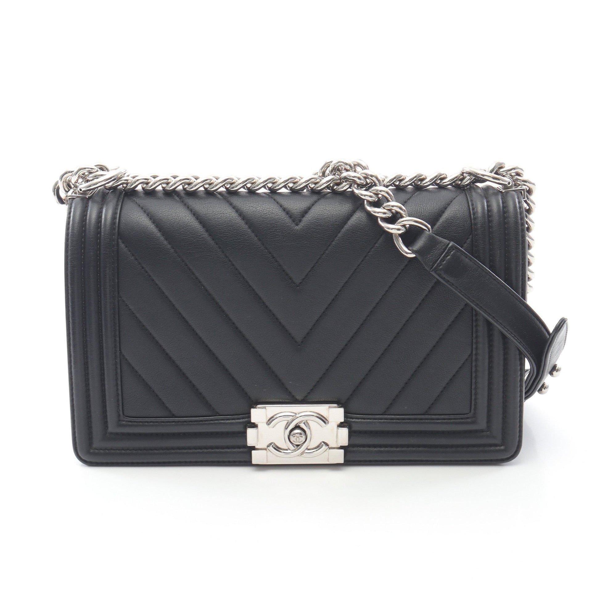 ボーイシャネル シェブロン Vステッチ チェーンショルダーバッグ レザー ブラック シルバー金具 シャネル バッグ CHANEL