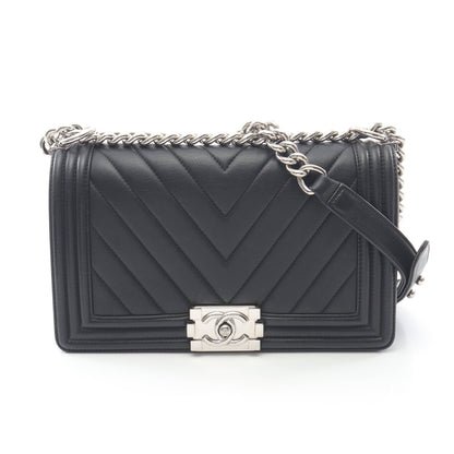 ボーイシャネル シェブロン Vステッチ チェーンショルダーバッグ レザー ブラック シルバー金具 シャネル バッグ CHANEL