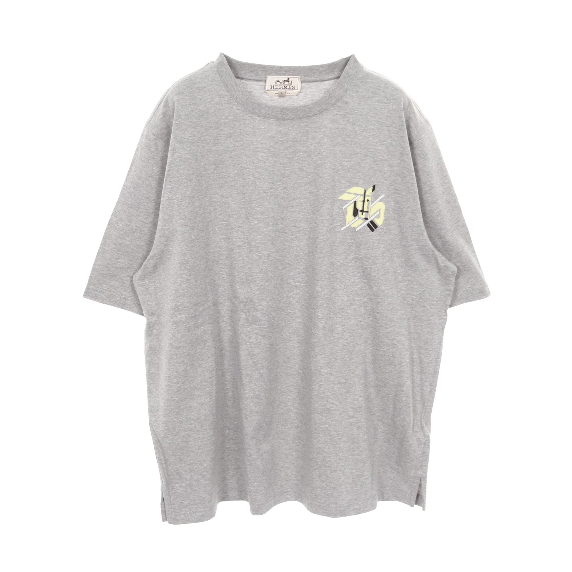 ミニレザーパッチ Tシャツ クルーネック コットン グレー エルメス トップス HERMES