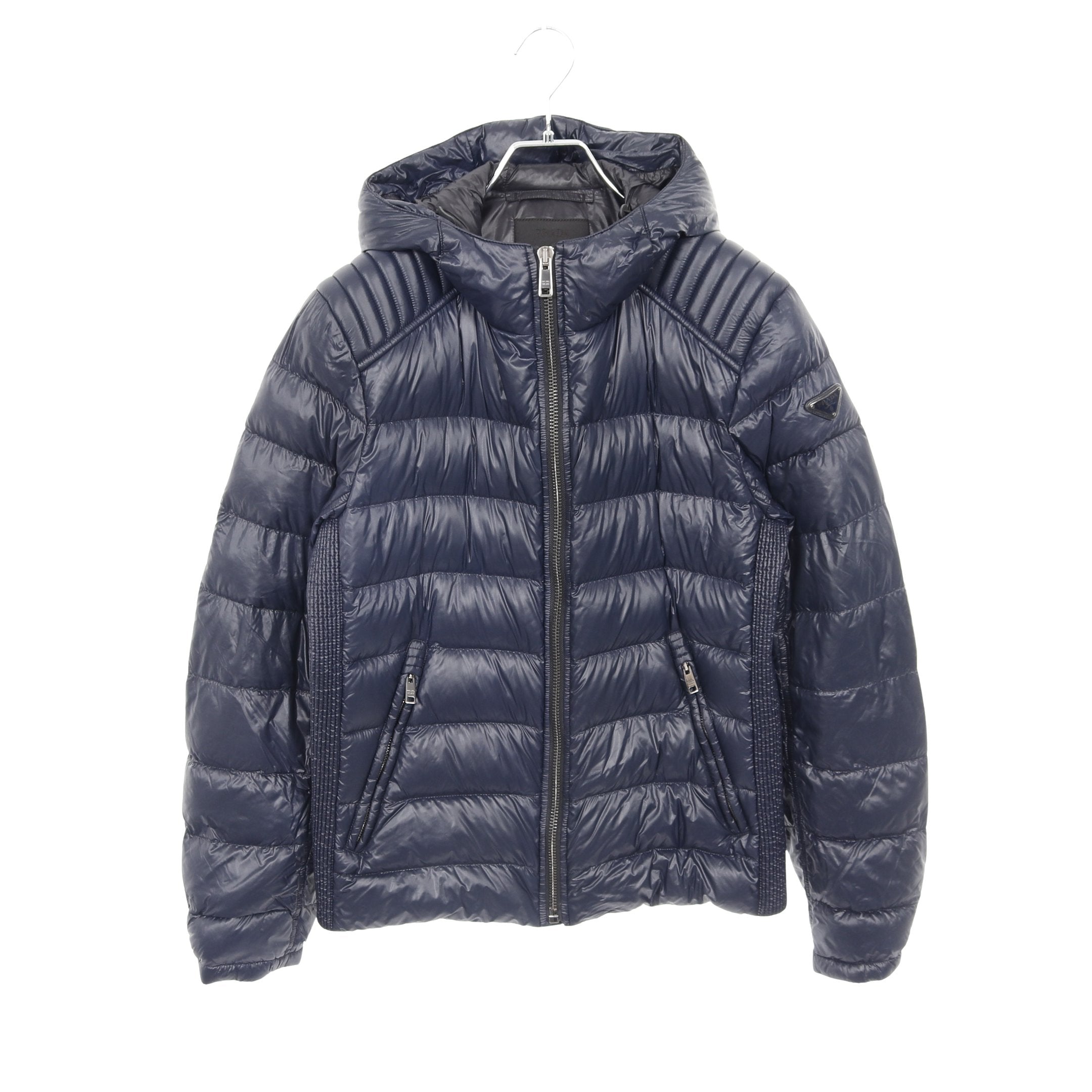 ダウンジャケット ナイロン ネイビー フード付き 三角プレート プラダ