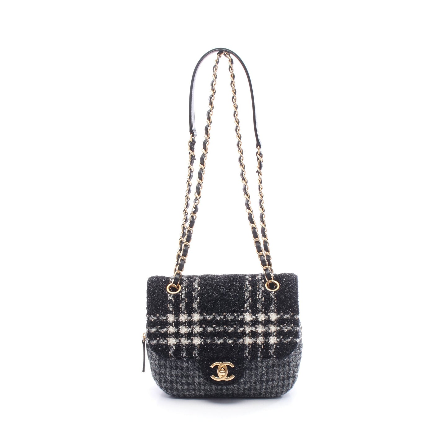 マトラッセ Wチェーンショルダーバッグ ツイード ウール ブラック ホワイト グレー ゴールド金具 シャネル バッグ CHANEL
