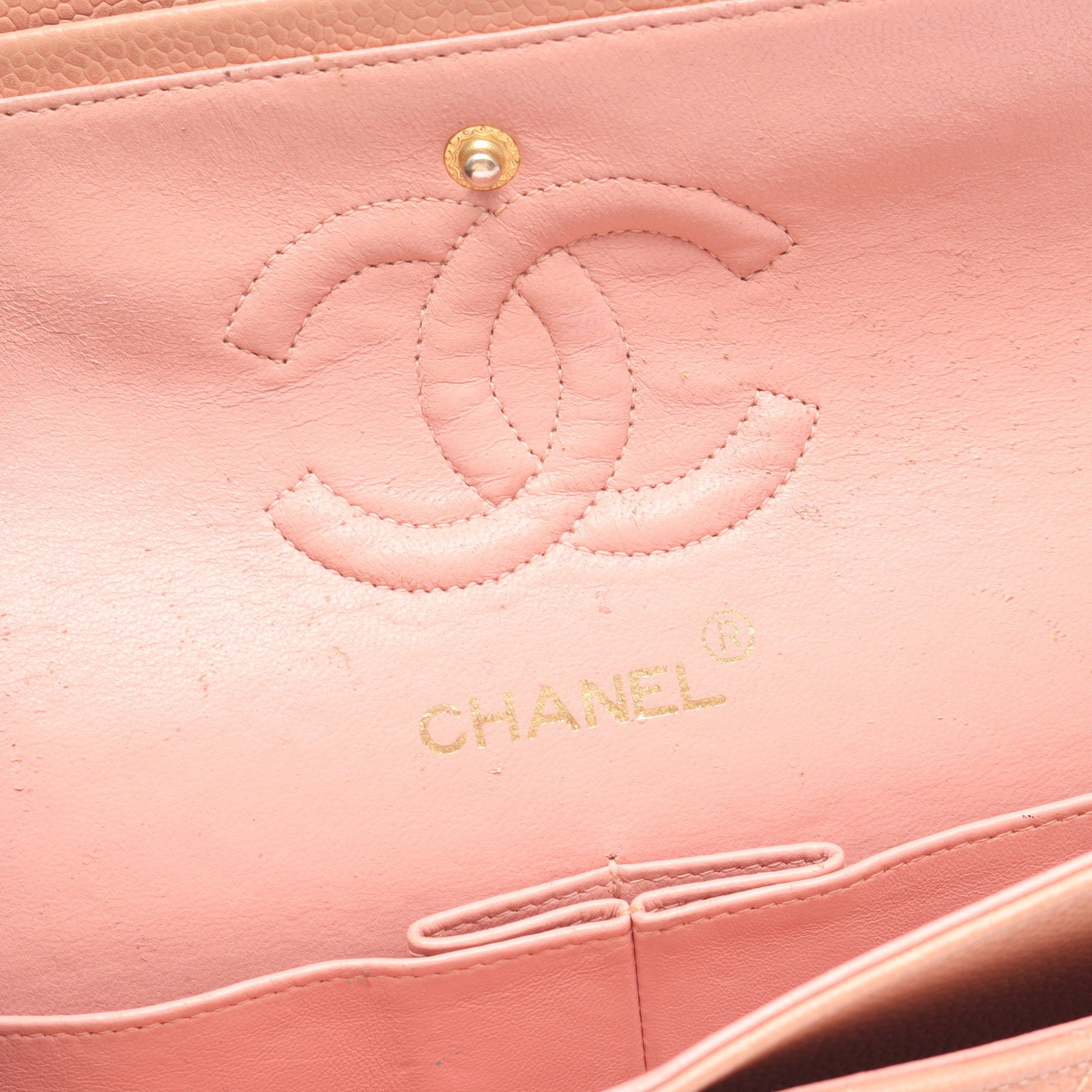 マトラッセ Wフラップ Wチェーンショルダーバッグ キャビアスキン ピンク ゴールド金具 シャネル バッグ CHANEL