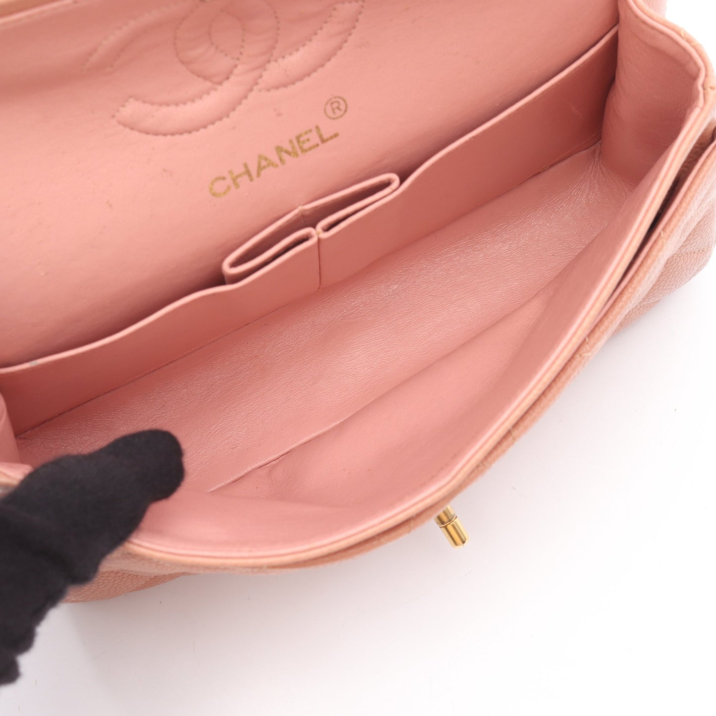 マトラッセ Wフラップ Wチェーンショルダーバッグ キャビアスキン ピンク ゴールド金具 シャネル バッグ CHANEL