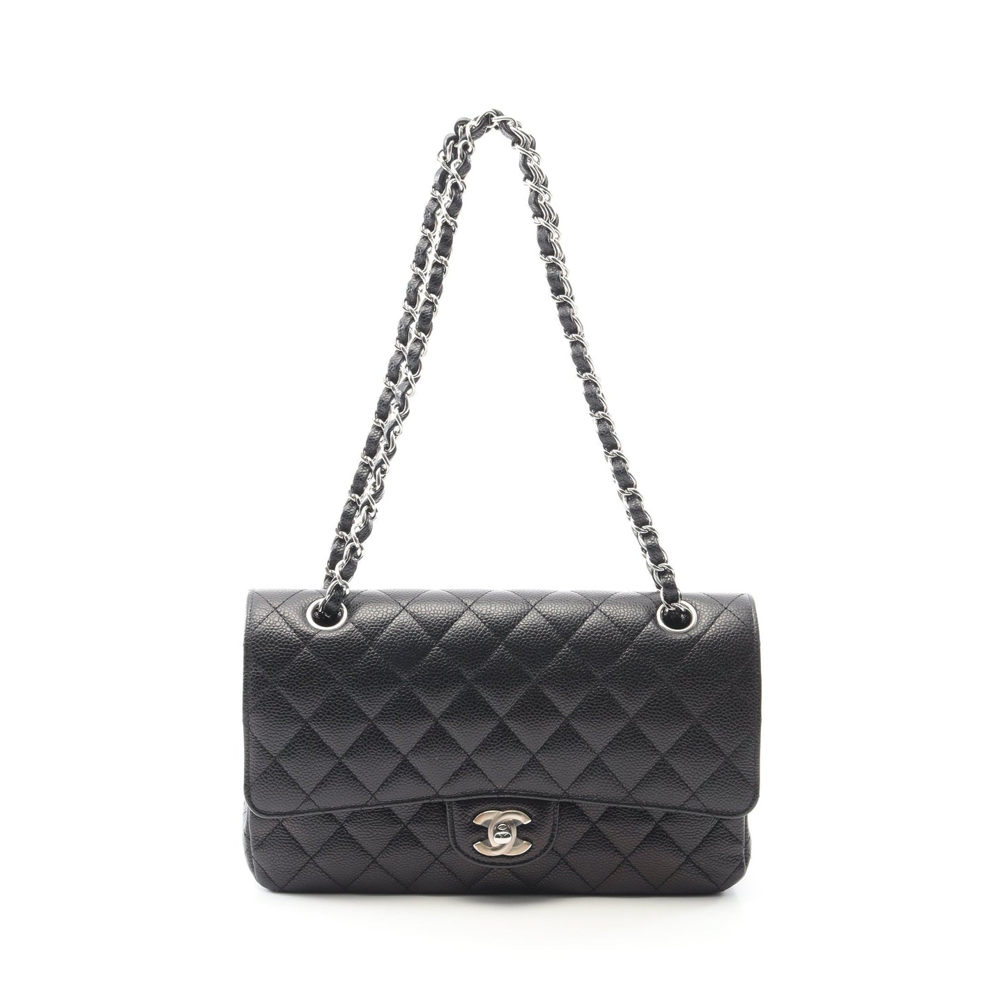 マトラッセ Wフラップ Wチェーンショルダーバッグ キャビアスキン ブラック シルバー金具 シャネル バッグ CHANEL