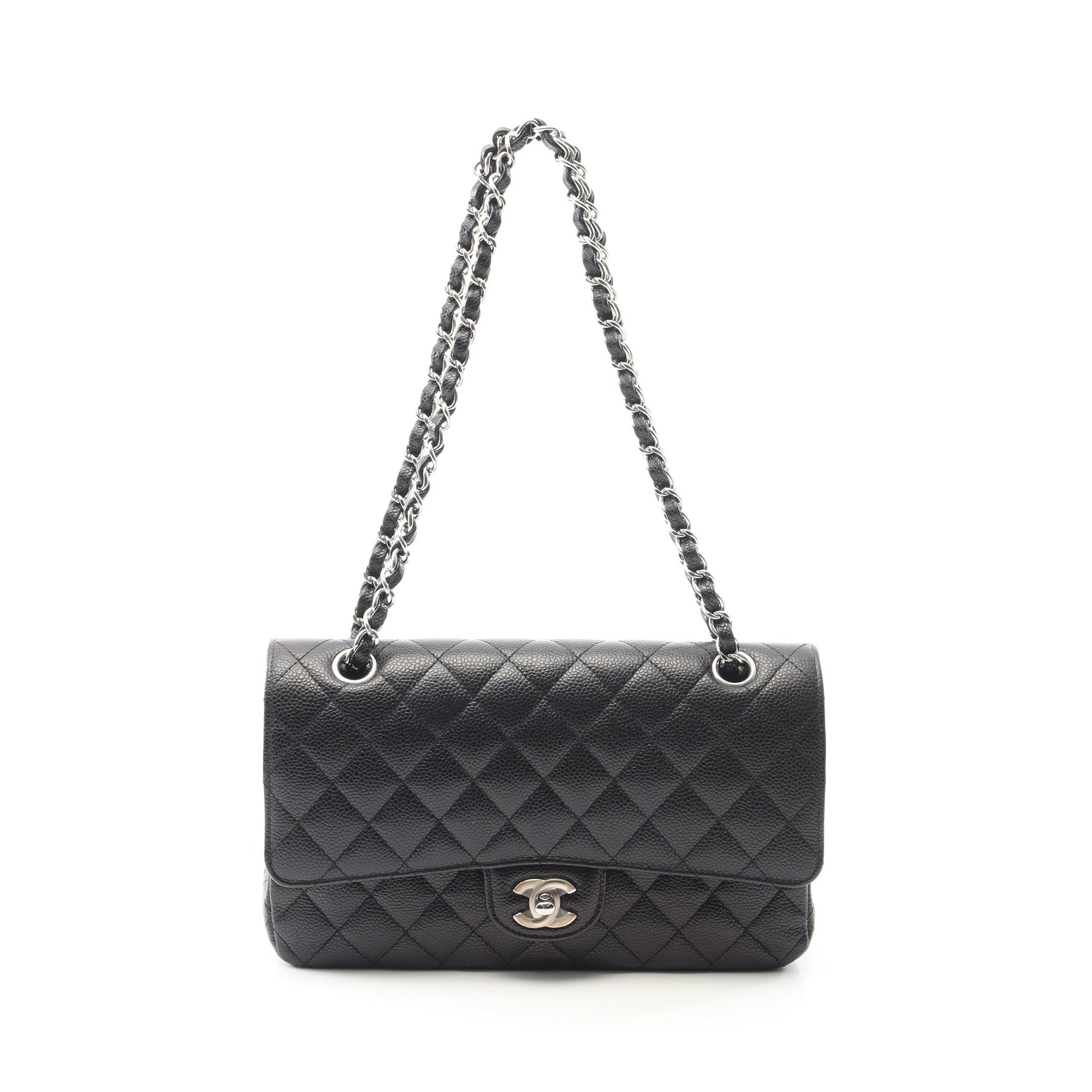 マトラッセ Wフラップ Wチェーンショルダーバッグ キャビアスキン ブラック シルバー金具 シャネル バッグ CHANEL