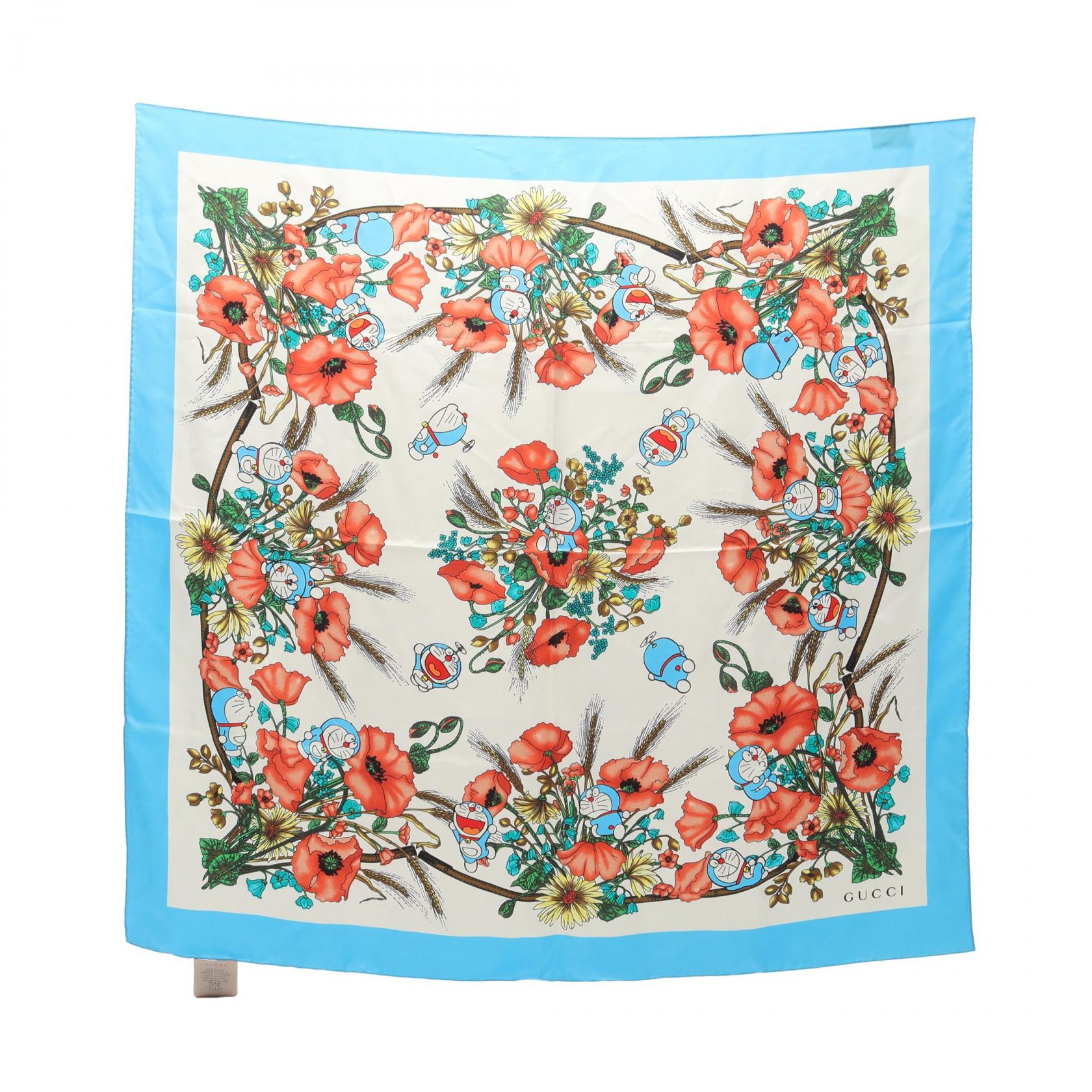 GUCCI × ドラえもん スカーフ 花柄 シルク ライトブルー マルチカラー グッチ 財布・小物 GUCCI