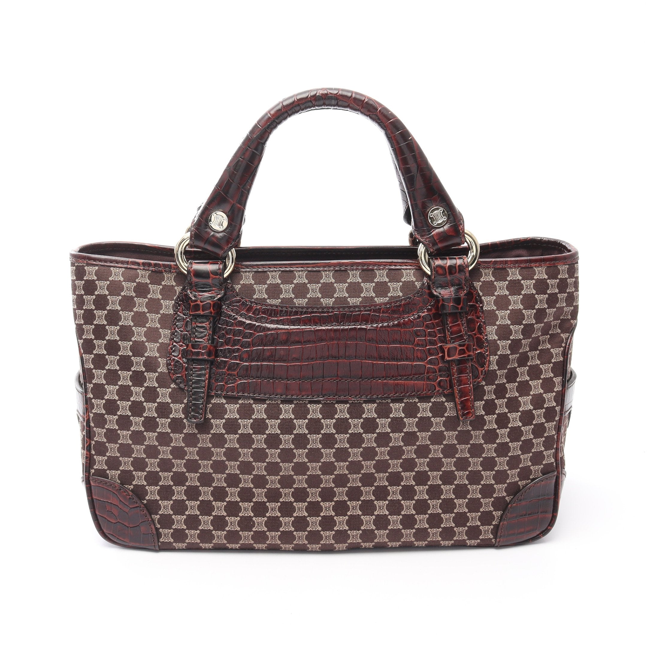 CELINE ハンドバッグ　ブギーバッグ　クロコ型押し　マカダム柄　トリオンフ ブギーバッグ マカダム ハンドバッグ キャンバス レザー ブラウン