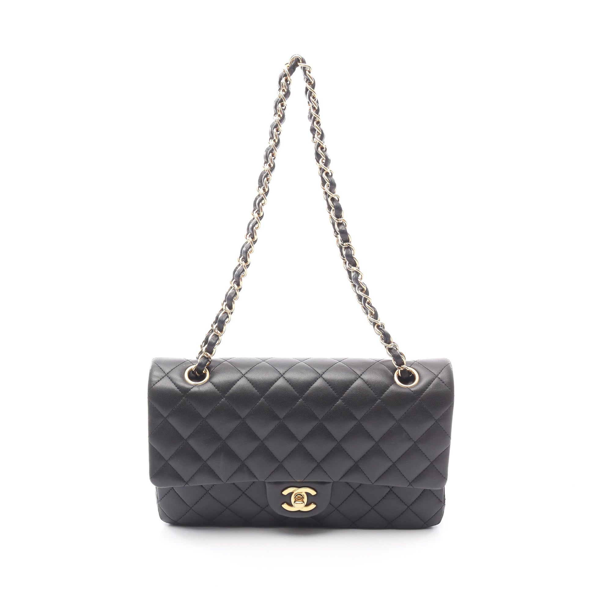 マトラッセ ダブルフラップ Wチェーンショルダーバッグ ラムスキン ブラック ゴールド金具 シャネル バッグ CHANEL