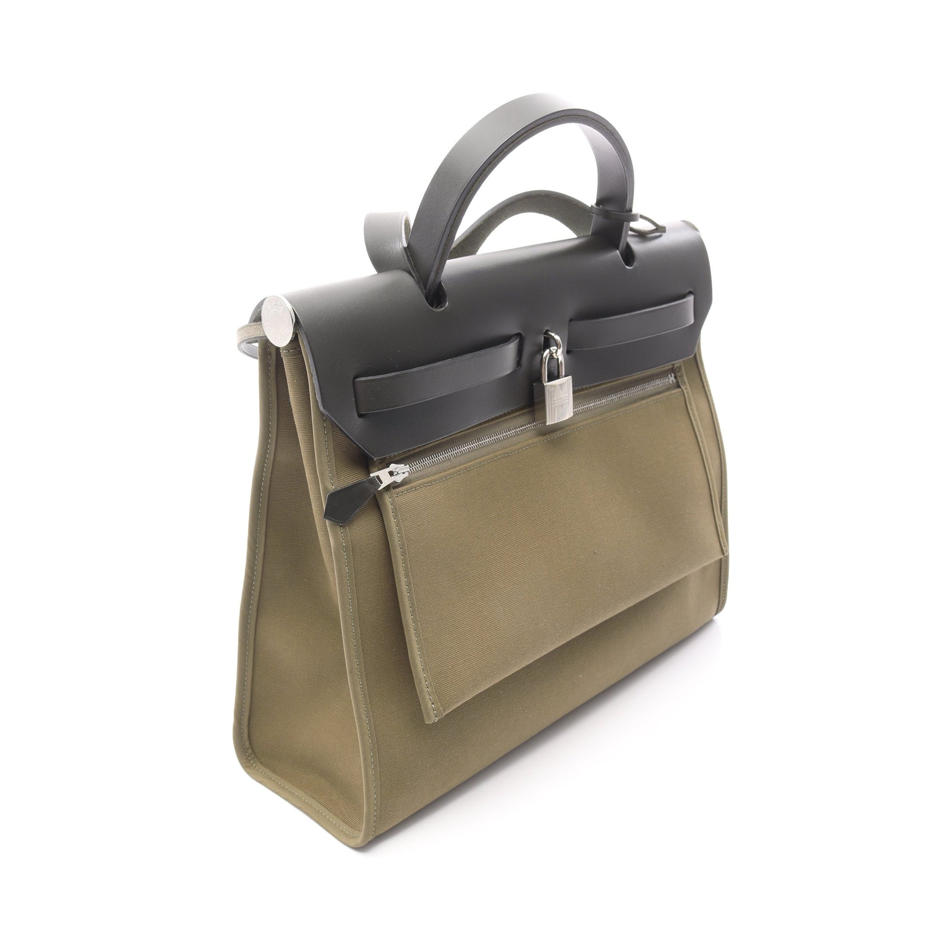 エールバッグジップPM ハンドバッグ ヴァッシュハンター トワルオフィシエ カーキグリーン ブラック シルバー金具 2WAY Y刻印 エルメス バッグ HERMES