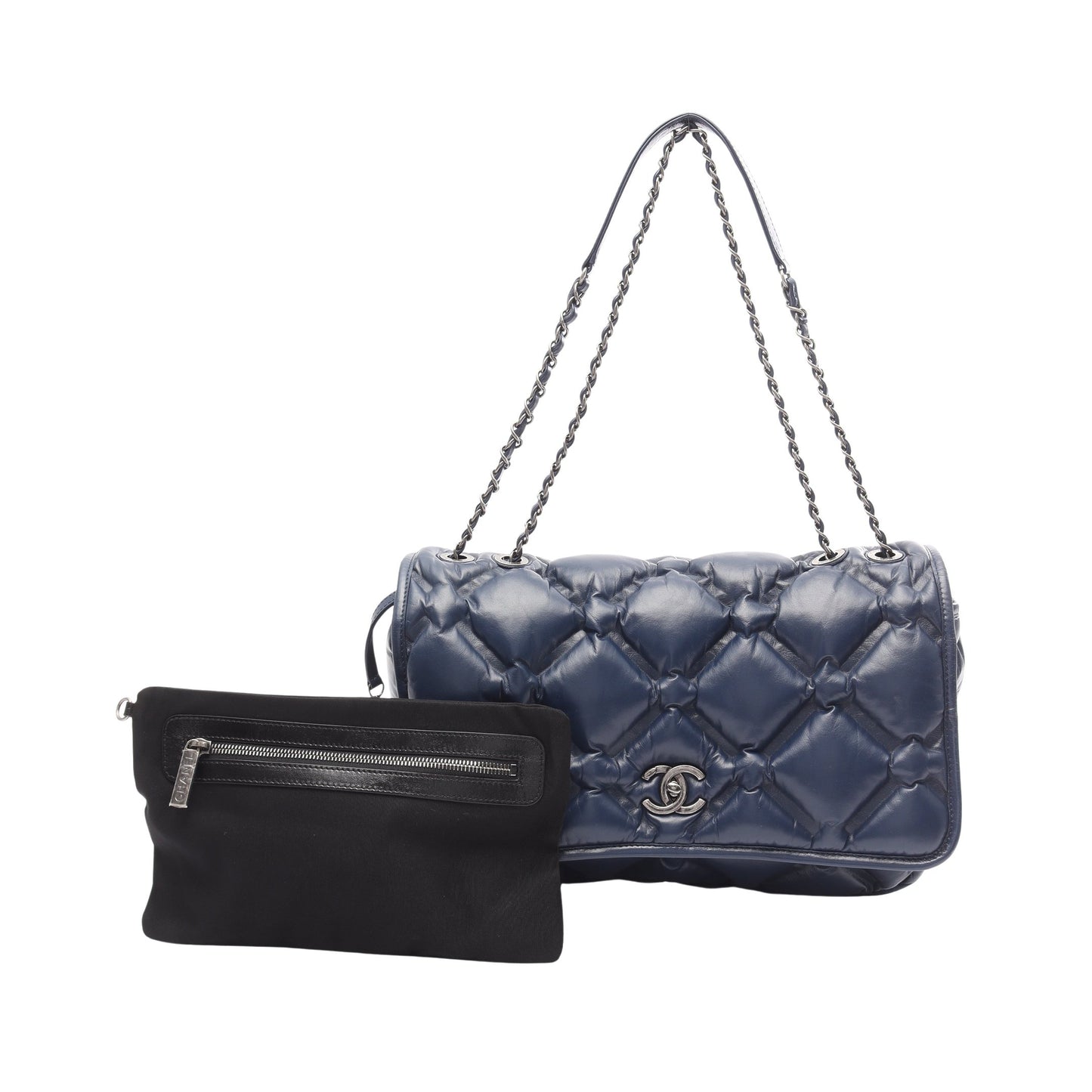 バブルキルト Wチェーンショルダーバッグ ラムスキン ダークブルー シルバー金具 シャネル バッグ CHANEL