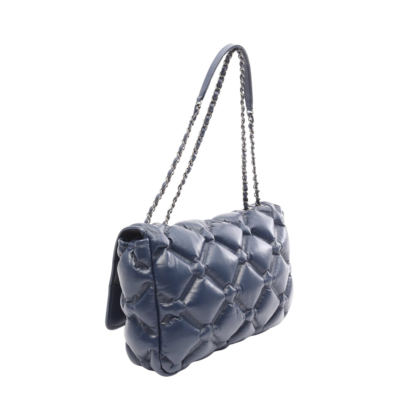バブルキルト Wチェーンショルダーバッグ ラムスキン ダークブルー シルバー金具 シャネル バッグ CHANEL
