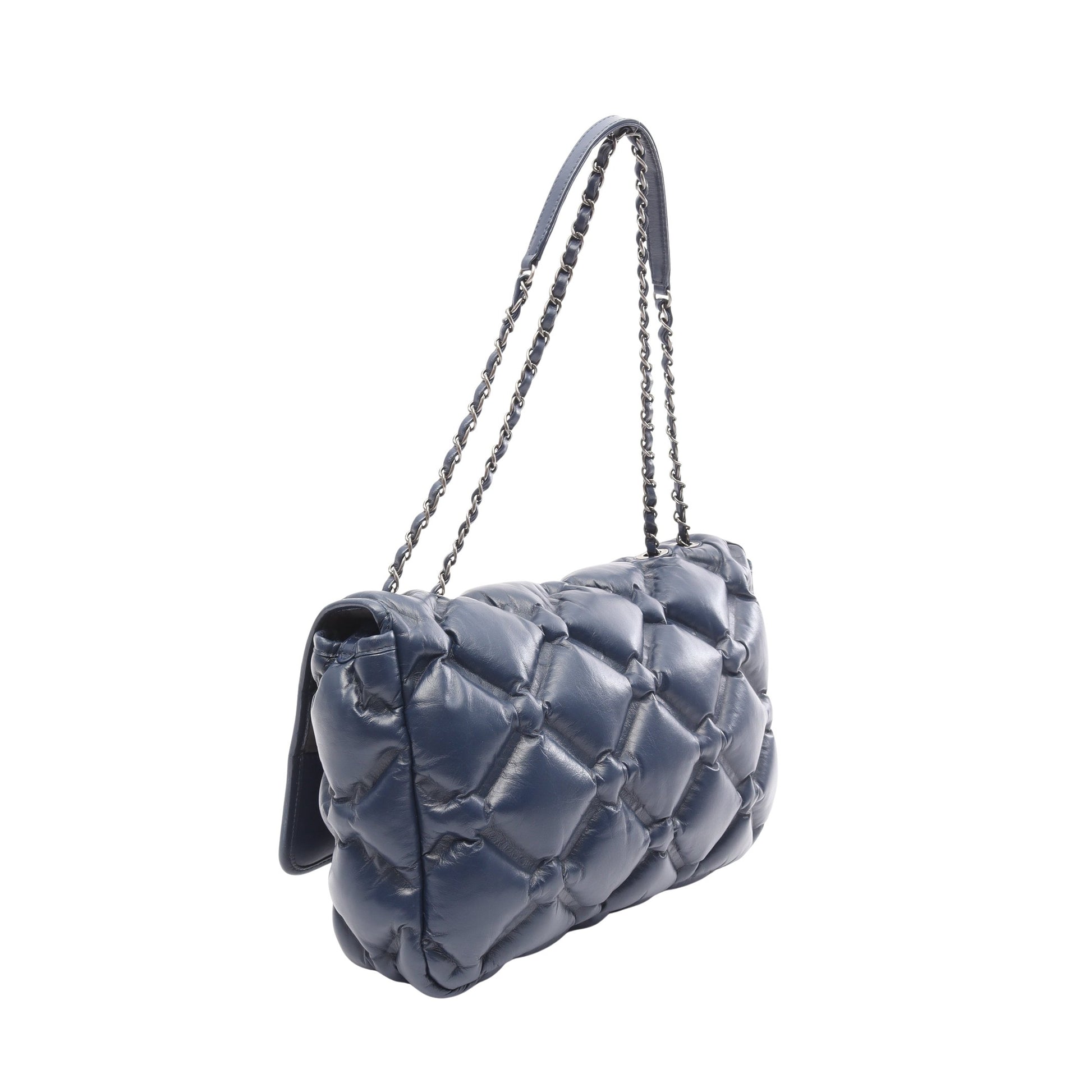 バブルキルト Wチェーンショルダーバッグ ラムスキン ダークブルー シルバー金具 シャネル バッグ CHANEL