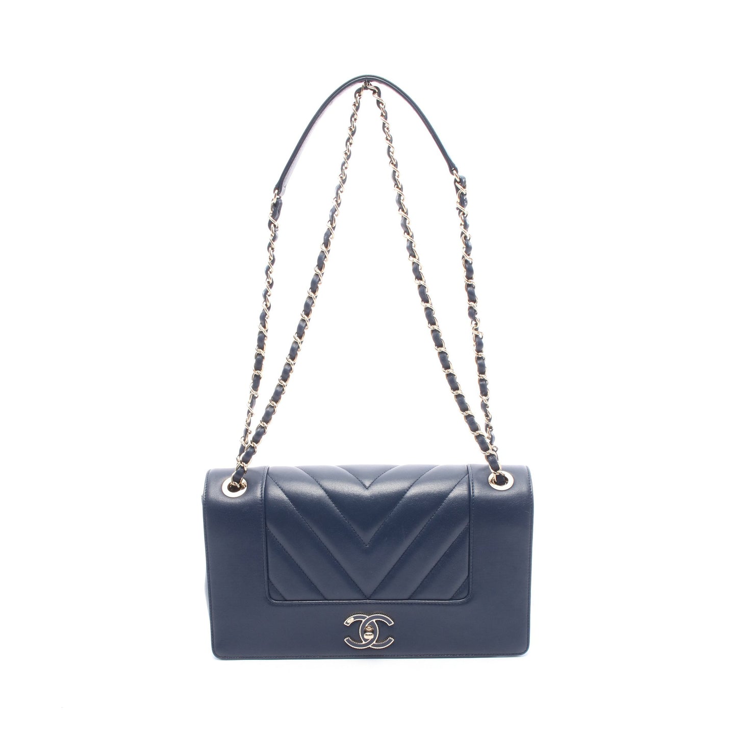 シェブロン Vステッチ Wフラップ チェーンショルダーバッグ レザー ネイビー ゴールド金具 シャネル バッグ CHANEL