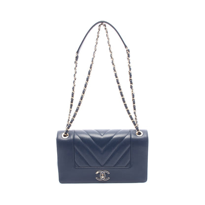 シェブロン Vステッチ Wフラップ チェーンショルダーバッグ レザー ネイビー ゴールド金具 シャネル バッグ CHANEL