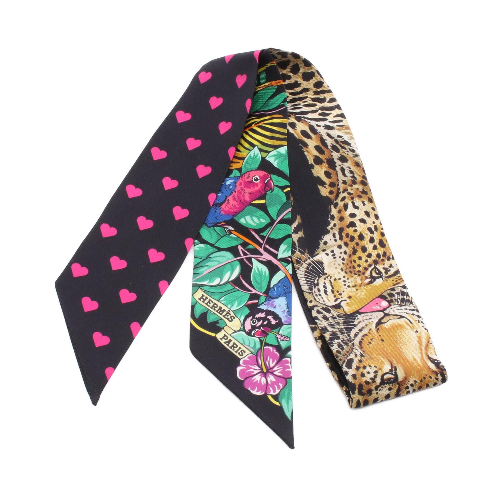 ツイリー JUNGLE LOVE LOVE リボン スカーフ シルク ブラック ピンク  