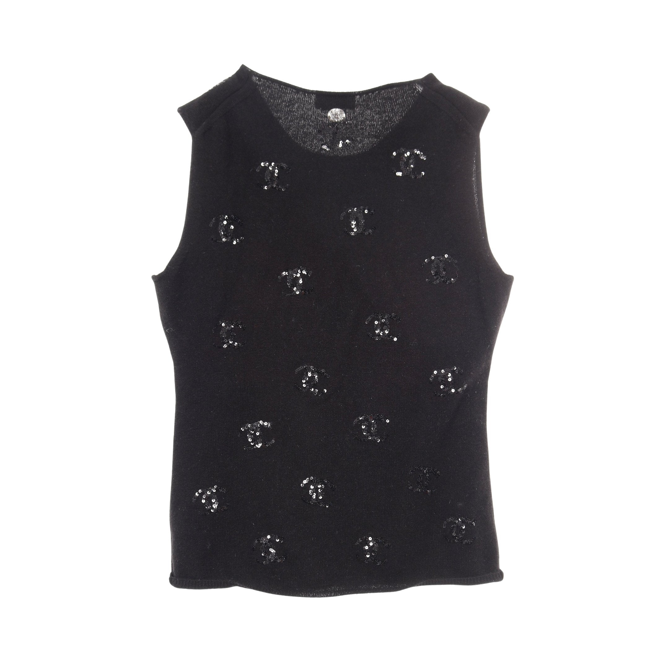 CHANEL 波模様 タンクトップ XS Chanel 23P White Black CC Logo Ribbed Hem Stretch Cotton Knit Top