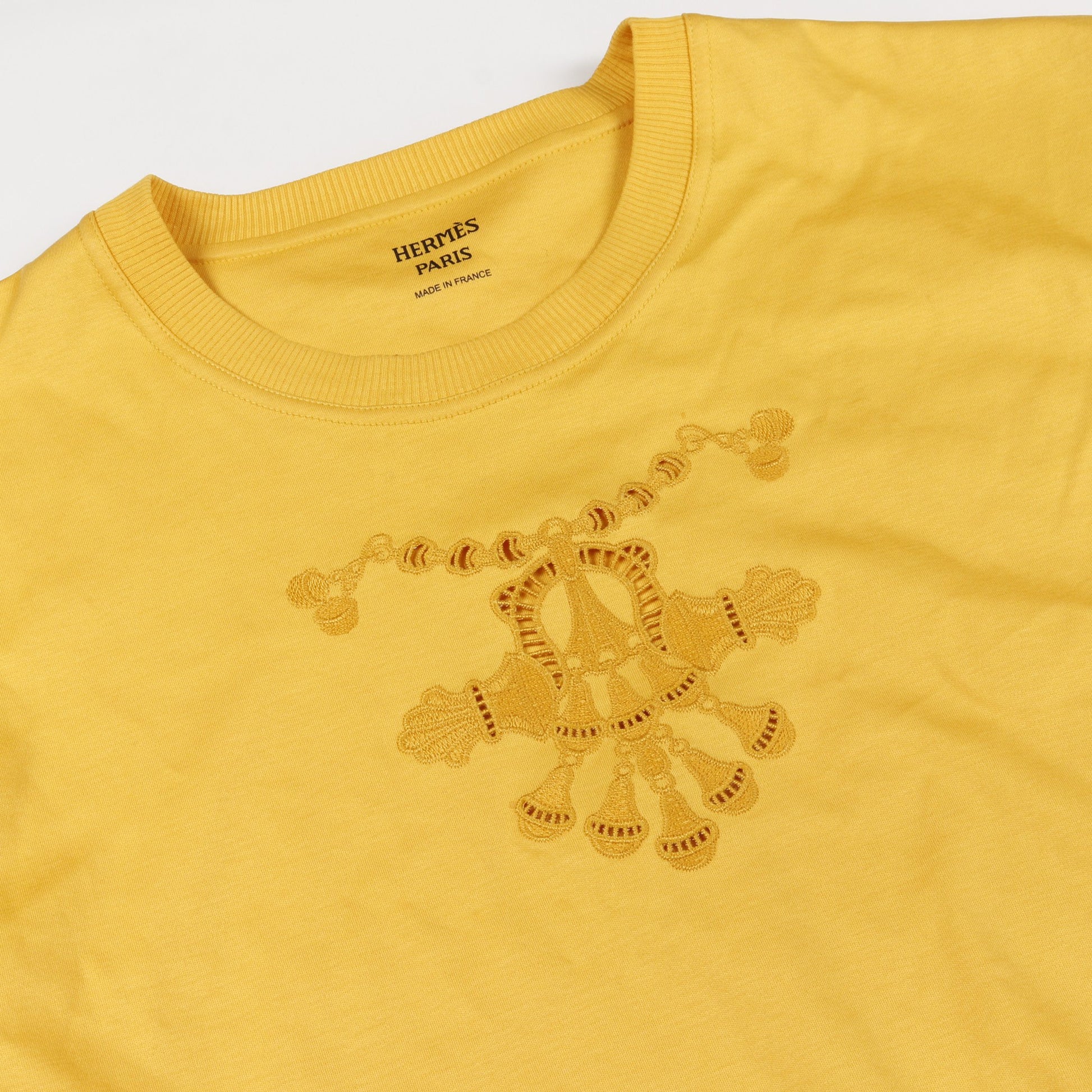 Tシャツ クルーネック 半袖 刺繍 コットン イエロー 透かし エルメス トップス HERMES