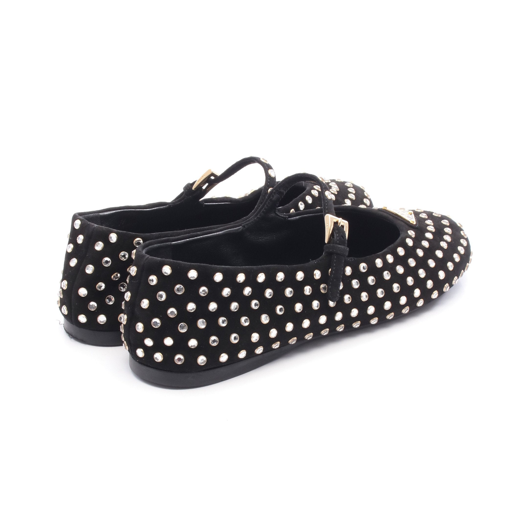 PRADA ギンガム チェック フラット バレエシューズ バレエシューズ フラットシューズ スエード ラインストーン ブラック