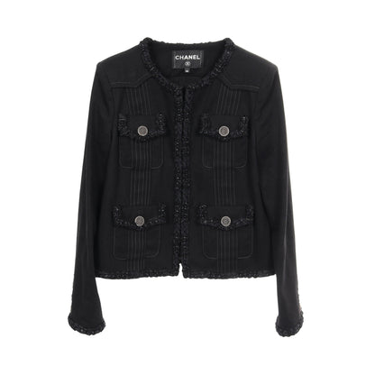 デニム ノーカラージャケット コットン ブラック ロゴボタン シャネル アウター CHANEL
