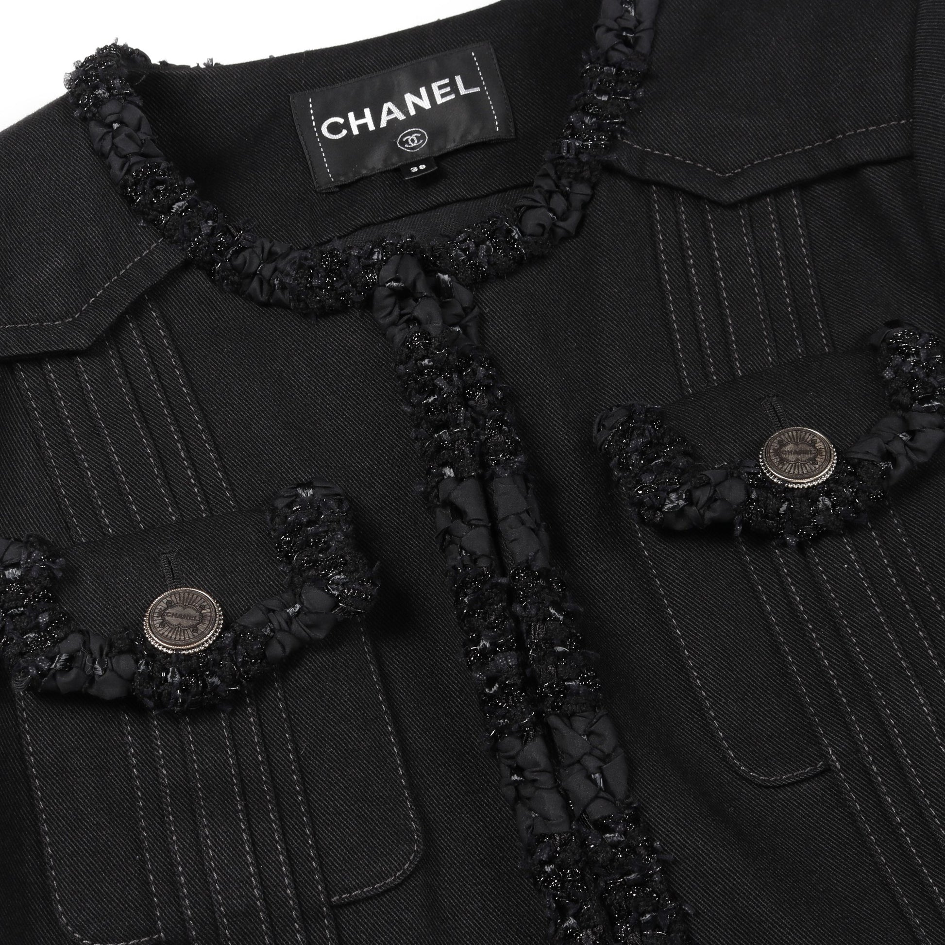デニム ノーカラージャケット コットン ブラック ロゴボタン シャネル アウター CHANEL