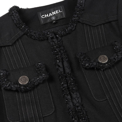 デニム ノーカラージャケット コットン ブラック ロゴボタン シャネル アウター CHANEL