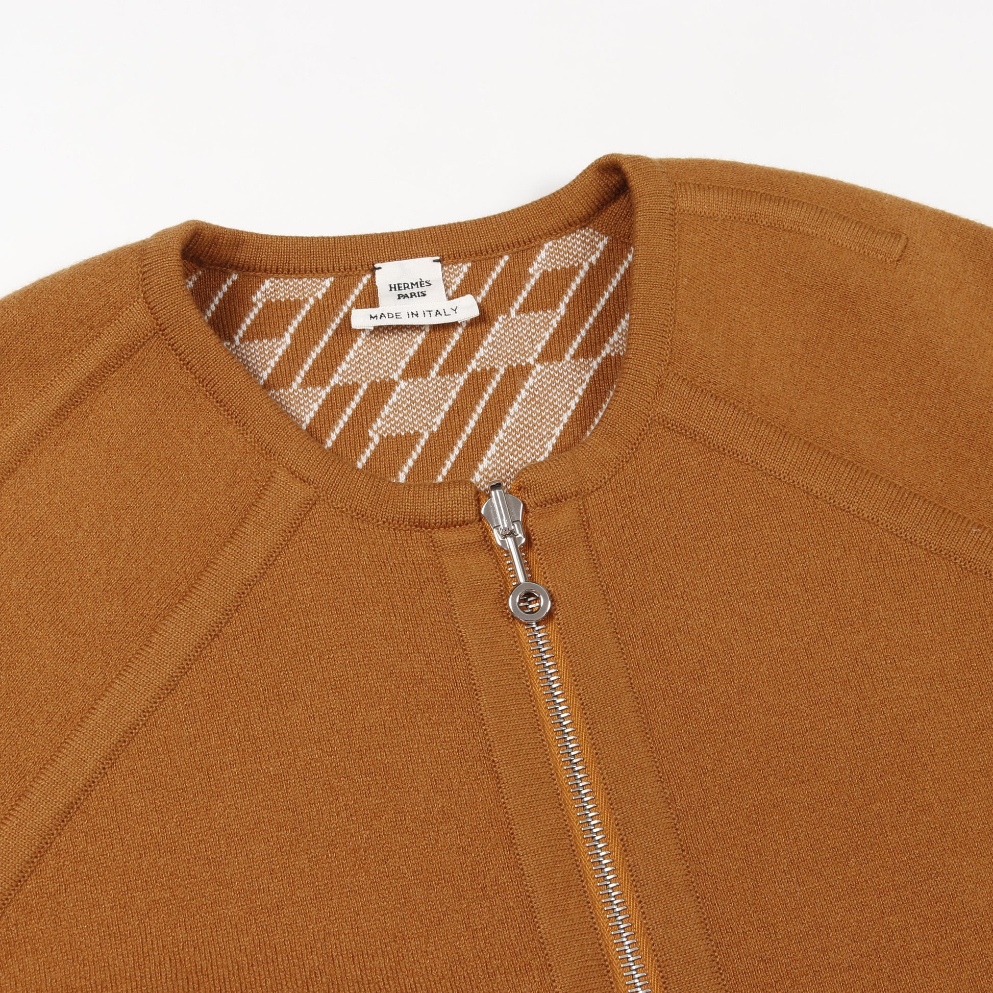 H柄 ジップアップ ニット ノーカラージャケット カシミヤ イエローブラウン リバーシブル エルメス アウター HERMES