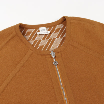 H柄 ジップアップ ニット ノーカラージャケット カシミヤ イエローブラウン リバーシブル エルメス アウター HERMES
