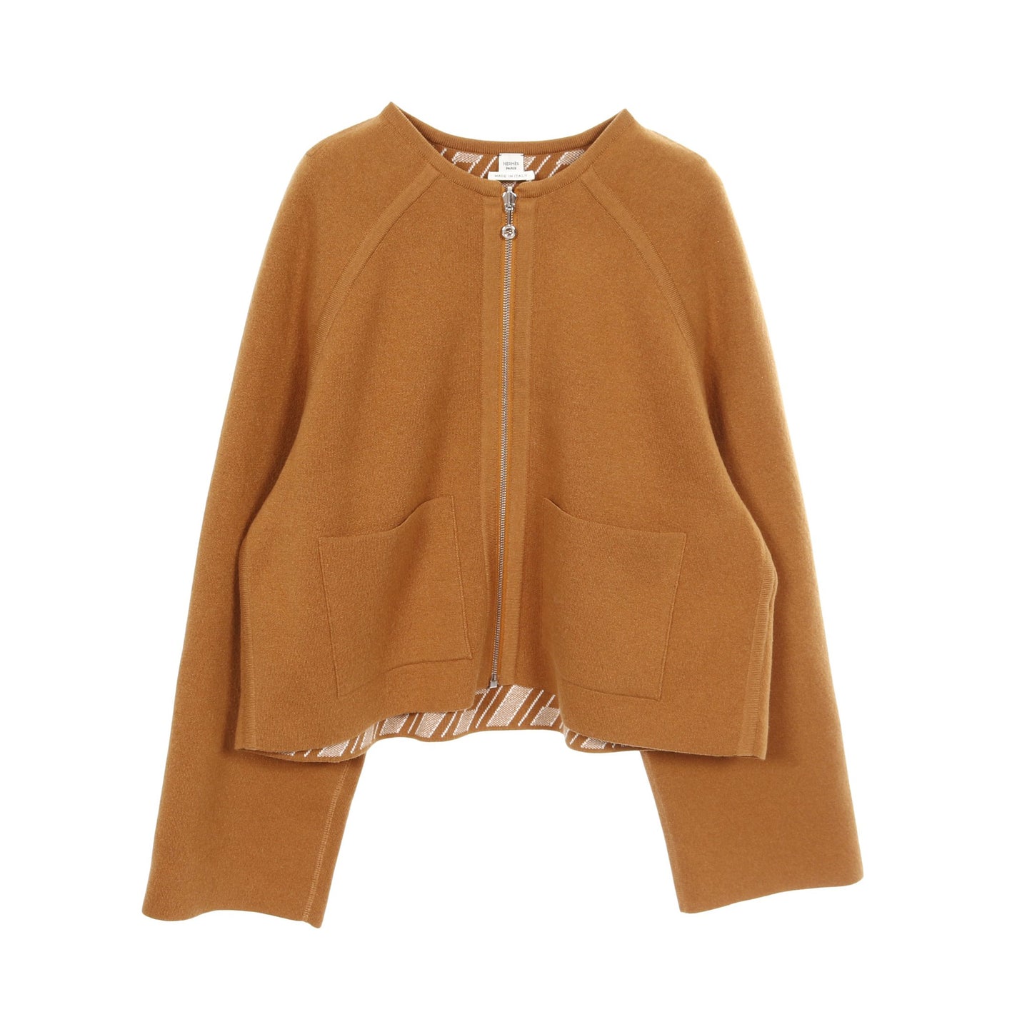 H柄 ジップアップ ニット ノーカラージャケット カシミヤ イエローブラウン リバーシブル エルメス アウター HERMES