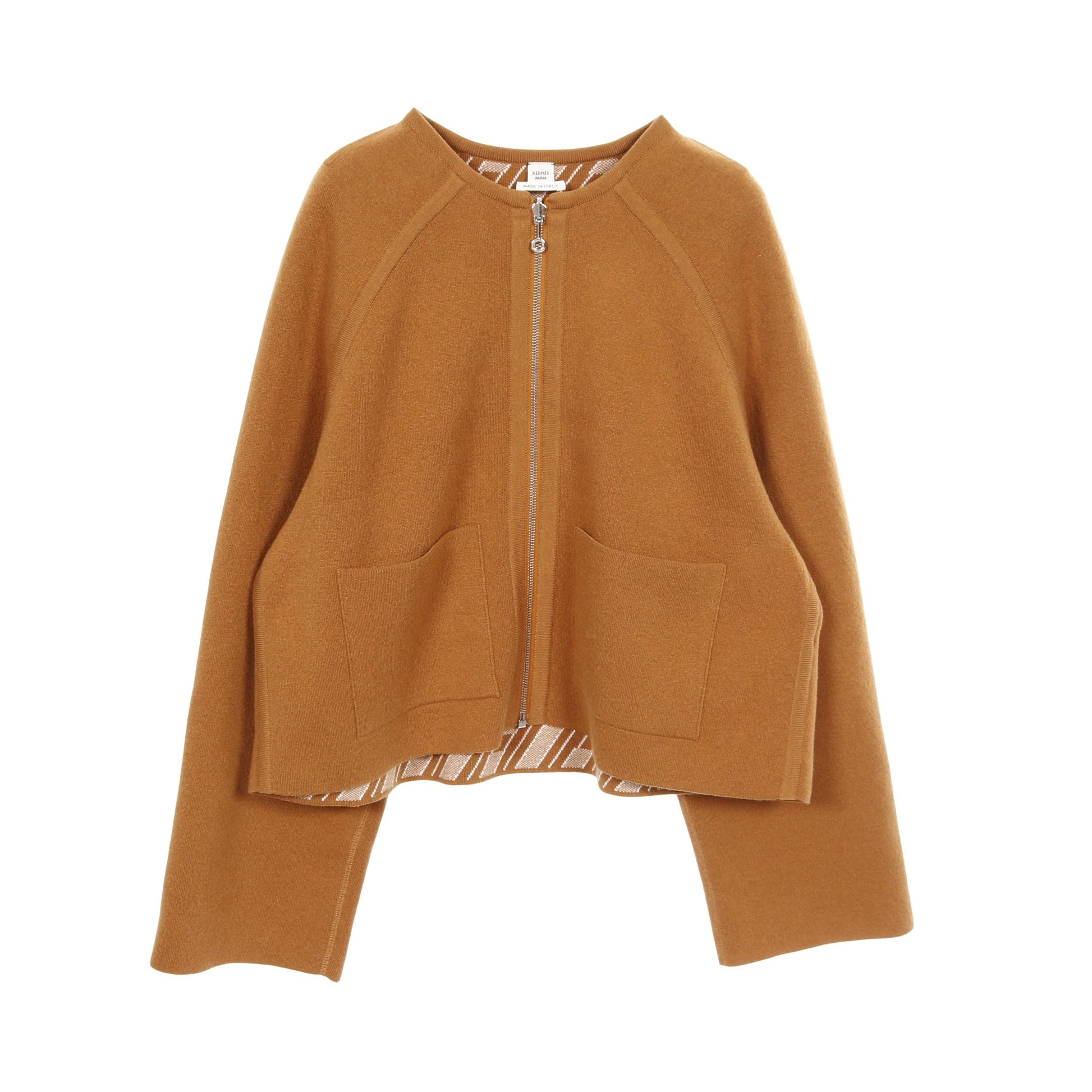 H柄 ジップアップ ニット ノーカラージャケット カシミヤ イエローブラウン リバーシブル エルメス アウター HERMES
