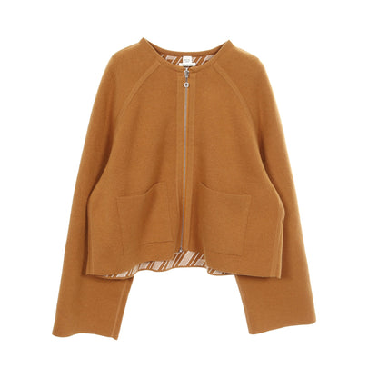 H柄 ジップアップ ニット ノーカラージャケット カシミヤ イエローブラウン リバーシブル エルメス アウター HERMES