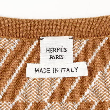 H柄 ジップアップ ニット ノーカラージャケット カシミヤ イエローブラウン リバーシブル エルメス アウター HERMES