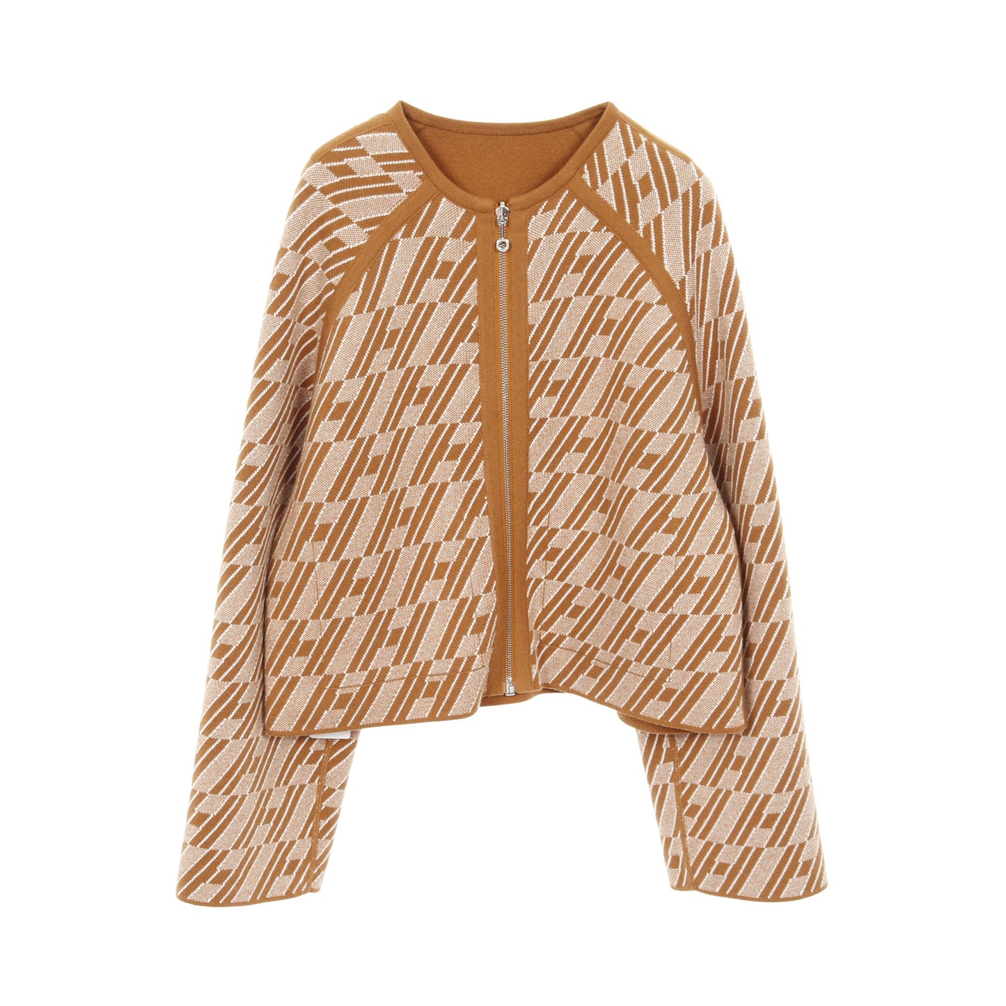 H柄 ジップアップ ニット ノーカラージャケット カシミヤ イエローブラウン リバーシブル エルメス アウター HERMES