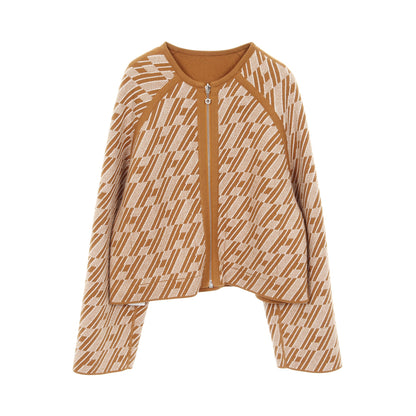 H柄 ジップアップ ニット ノーカラージャケット カシミヤ イエローブラウン リバーシブル エルメス アウター HERMES