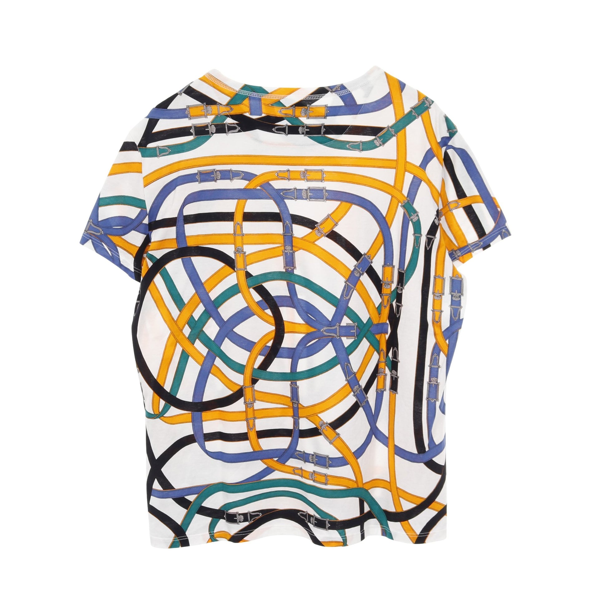 Tシャツ クルーネック 半袖 ベルト 総柄 コットン ホワイト マルチカラー エルメス トップス HERMES