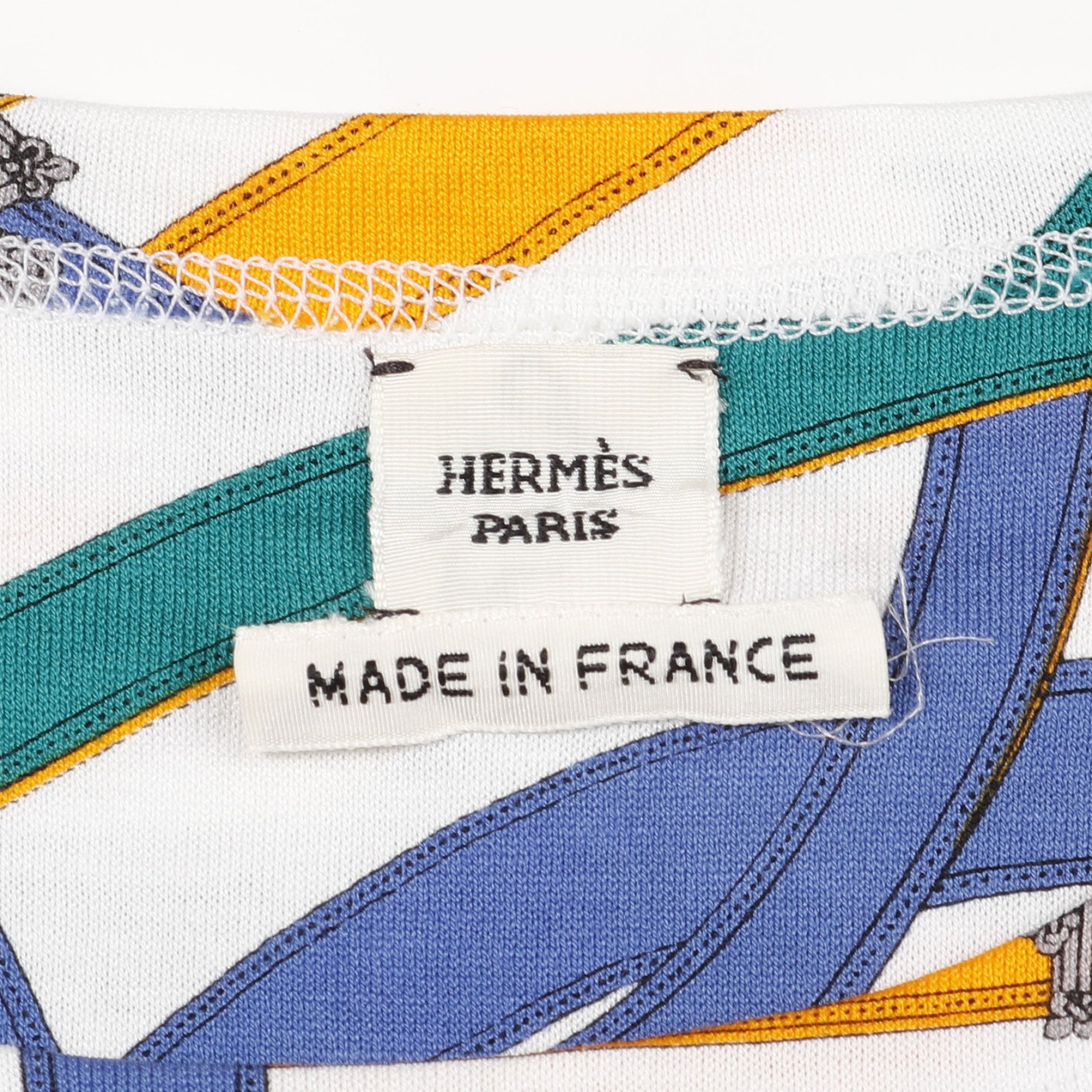 Tシャツ クルーネック 半袖 ベルト 総柄 コットン ホワイト マルチカラー エルメス トップス HERMES