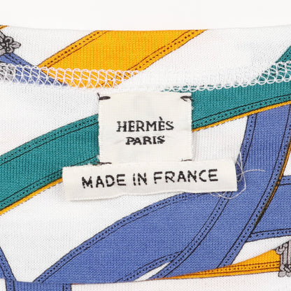 Tシャツ クルーネック 半袖 ベルト 総柄 コットン ホワイト マルチカラー エルメス トップス HERMES