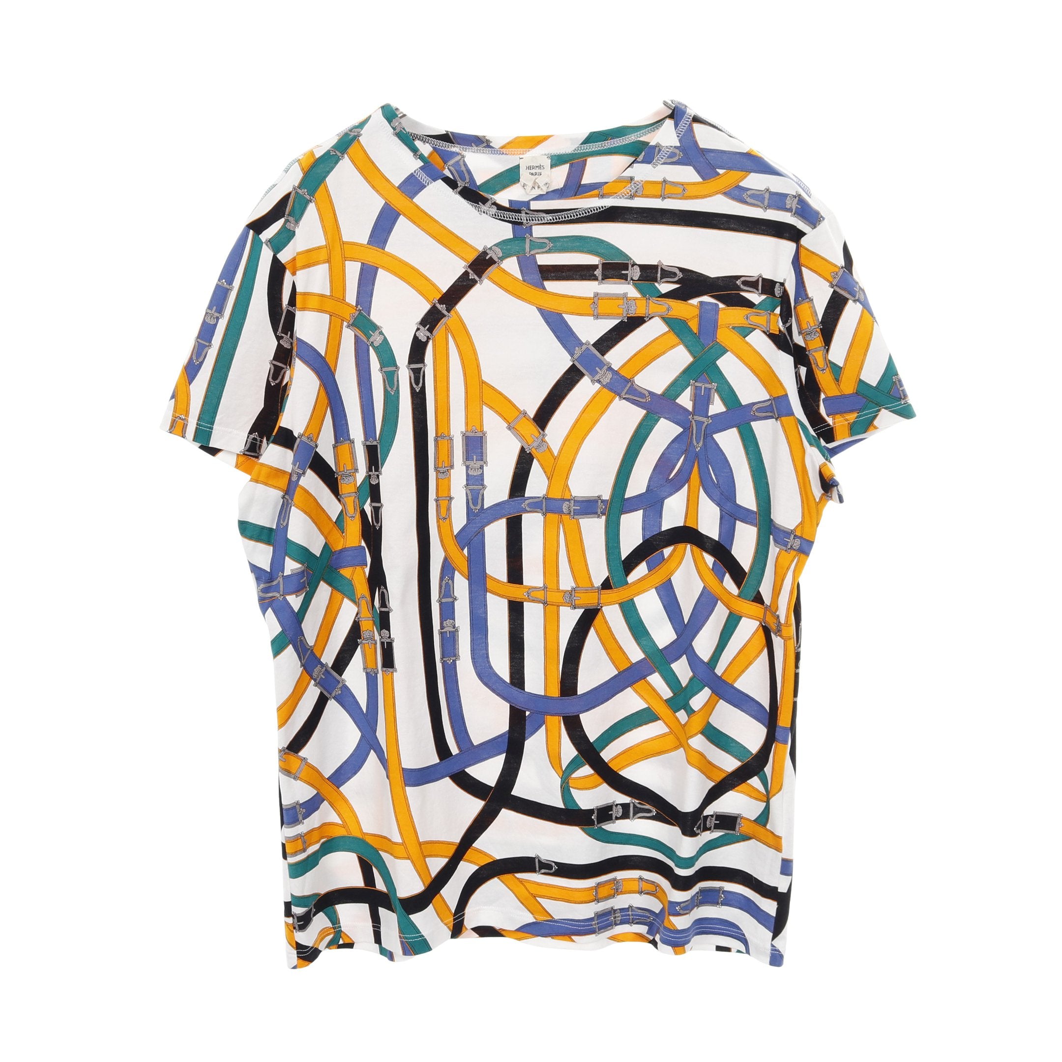 Tシャツ クルーネック 半袖 ベルト 総柄 コットン ホワイト Tシャツ クルーネック 半袖 ベルト 総柄 コットン ホワイト