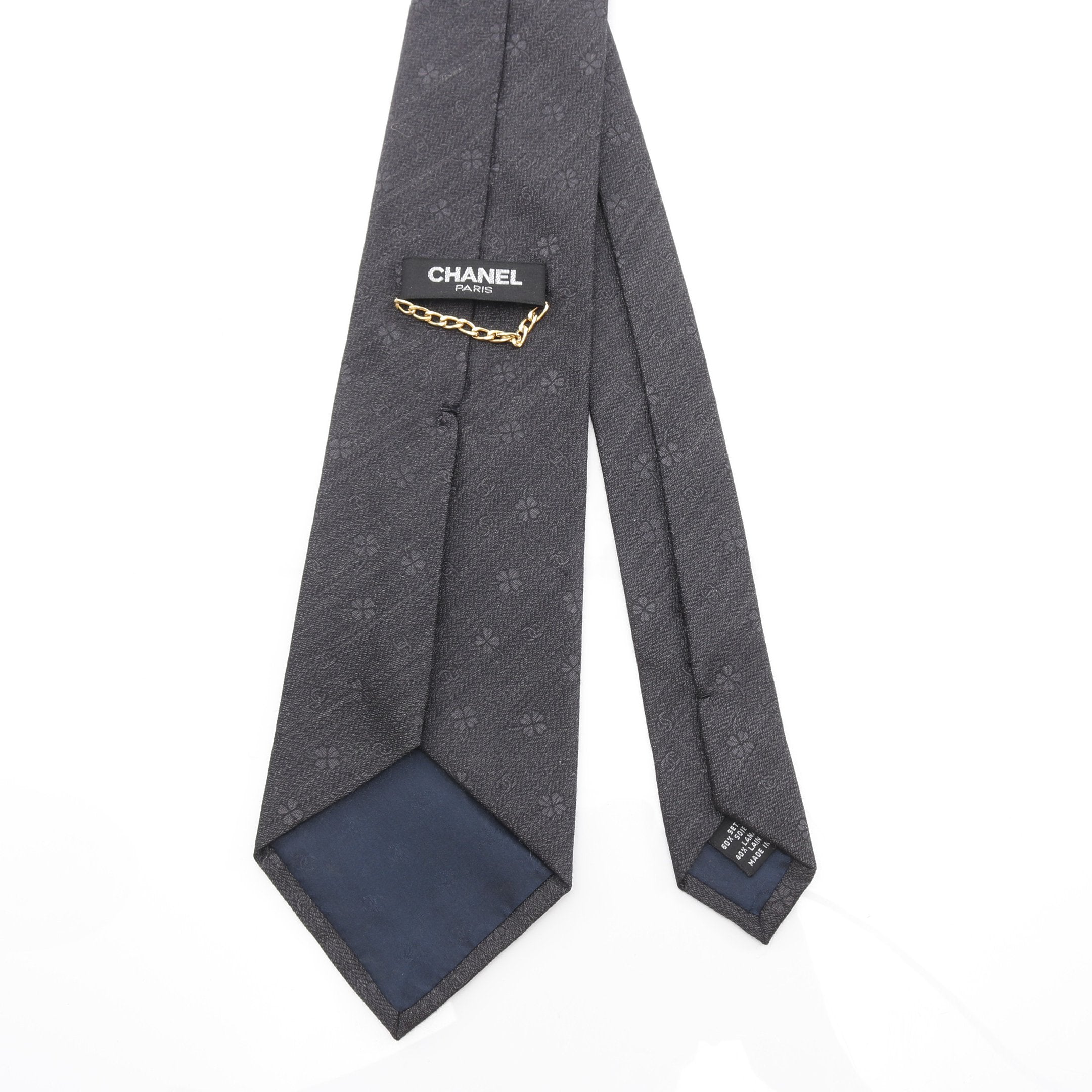 CHANEL ダークグレー ネクタイ ココマーク クローバー ネクタイ シルク ウール ダークグレー シャネル