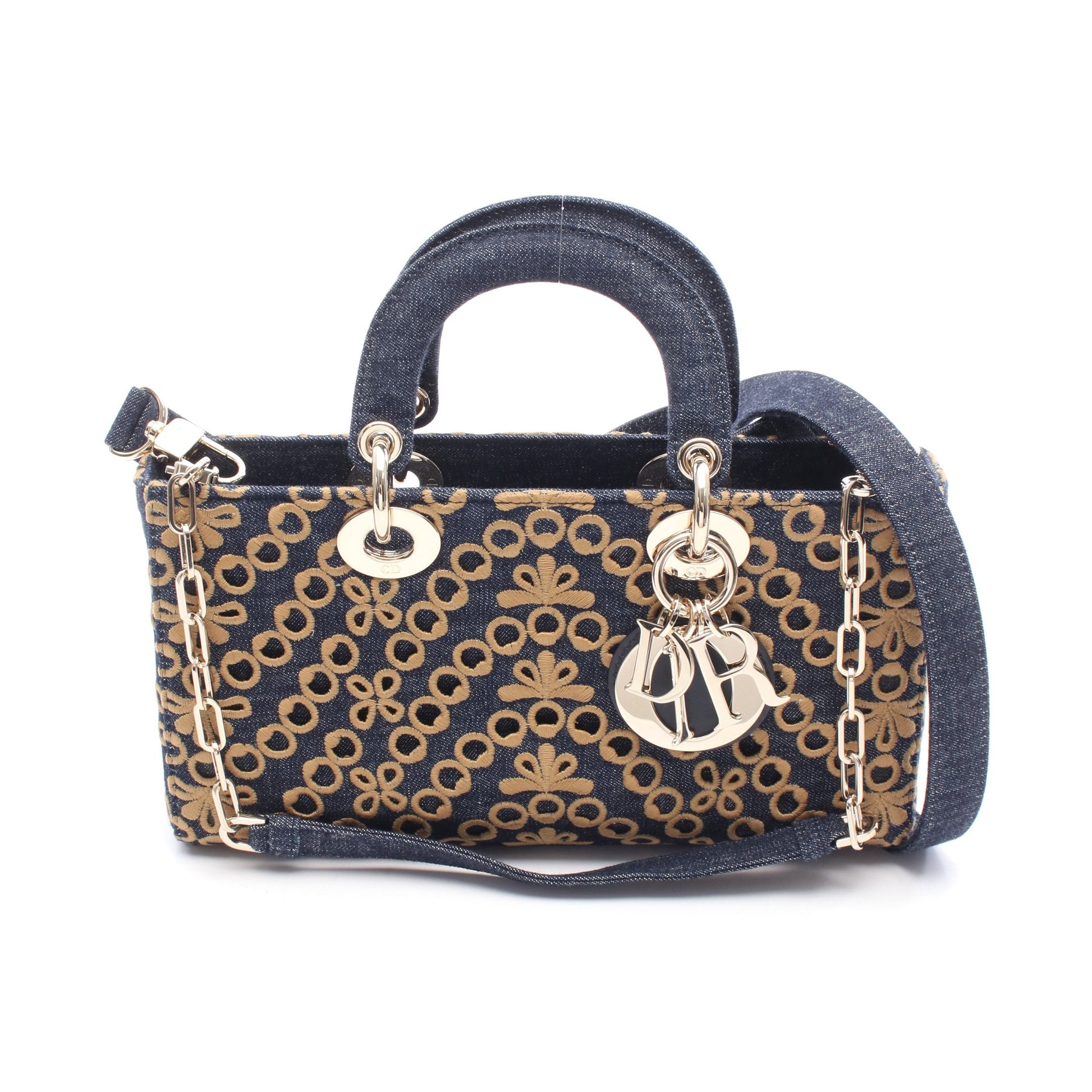 Lady D-Joy ミディアム ハンドバッグ デニム インディゴブルー イエローブラウン 3WAY クリスチャンディオール バッグ Christian Dior