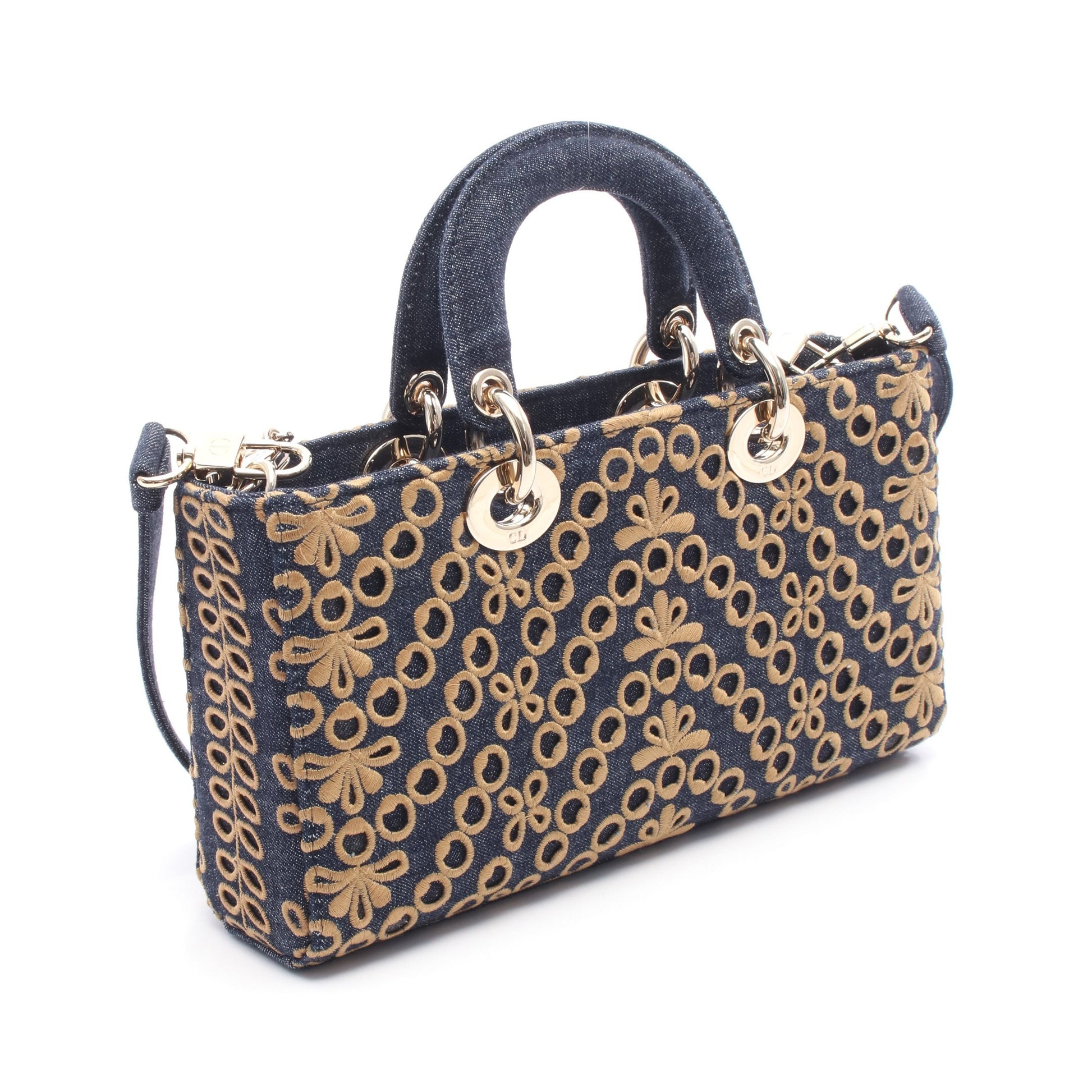 Lady D-Joy ミディアム ハンドバッグ デニム インディゴブルー イエローブラウン 3WAY クリスチャンディオール バッグ Christian Dior