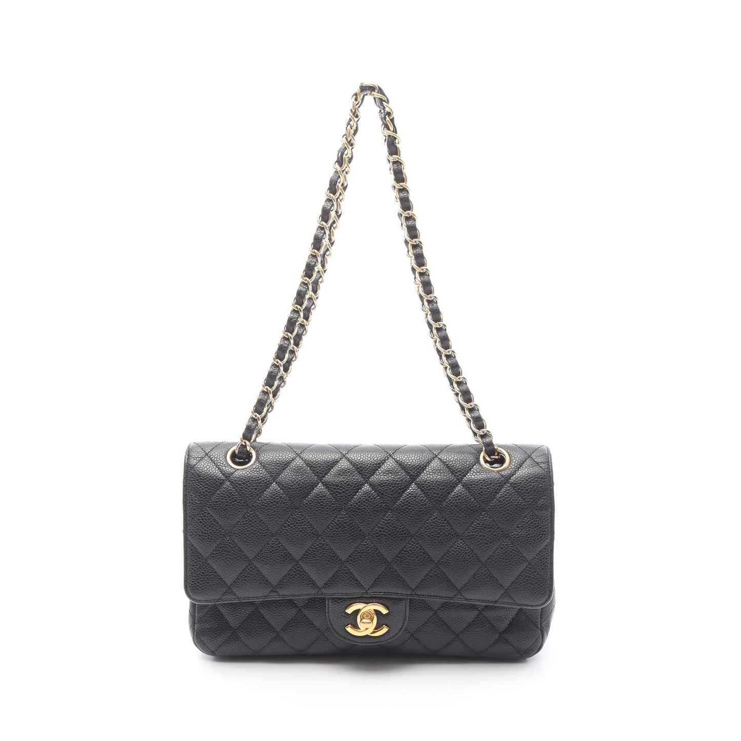 マトラッセ Wフラップ Wチェーンショルダーバッグ キャビアスキン ブラック ゴールド金具 シャネル バッグ CHANEL