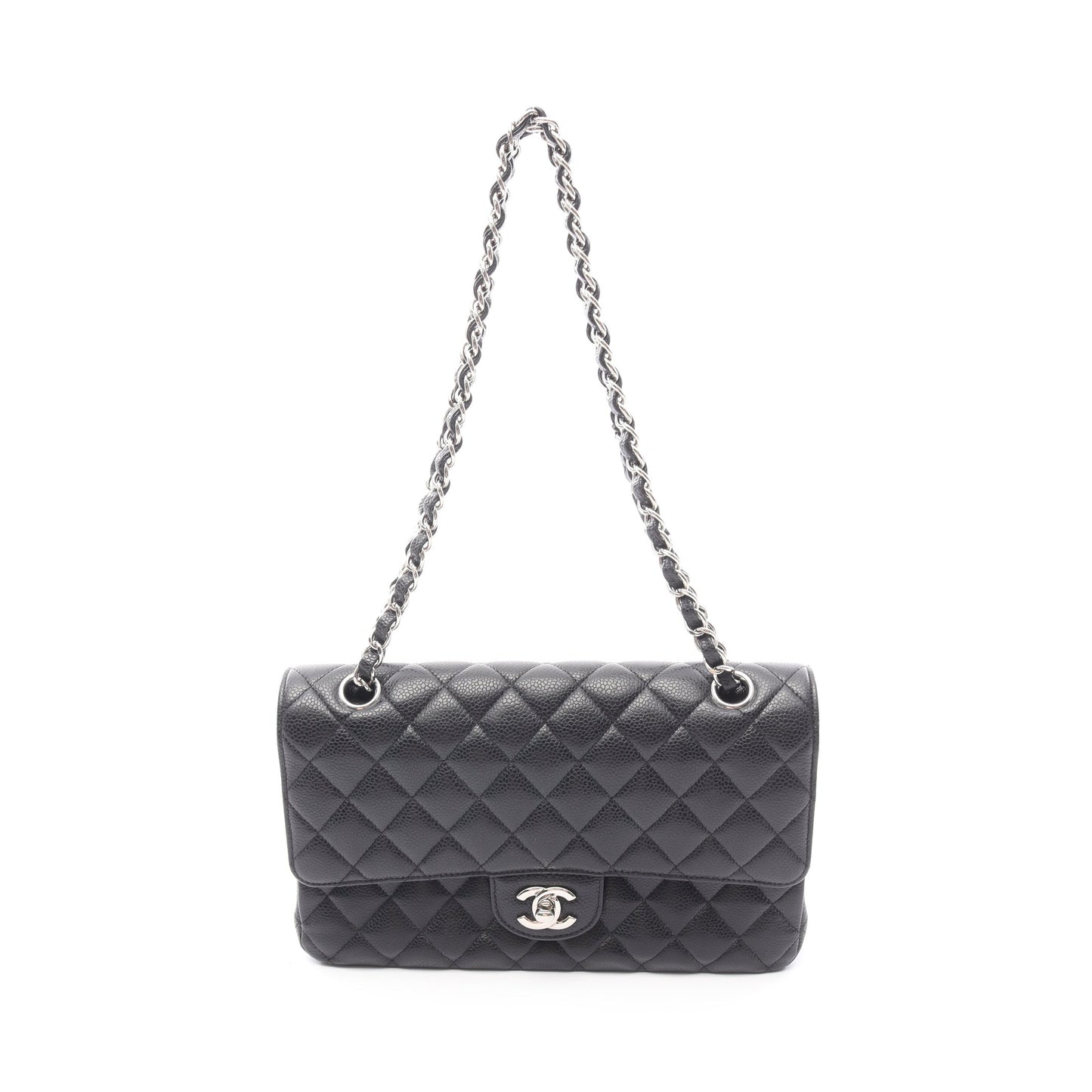 マトラッセ Wフラップ Wチェーンショルダーバッグ キャビアスキン ブラック シルバー金具 シャネル バッグ CHANEL