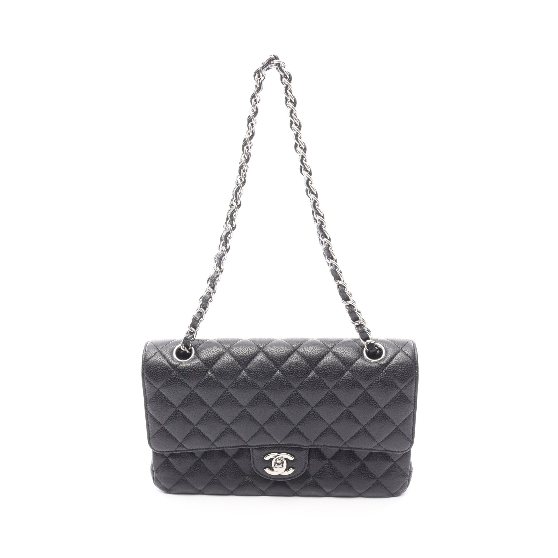 マトラッセ Wフラップ Wチェーンショルダーバッグ キャビアスキン ブラック シルバー金具 シャネル バッグ CHANEL