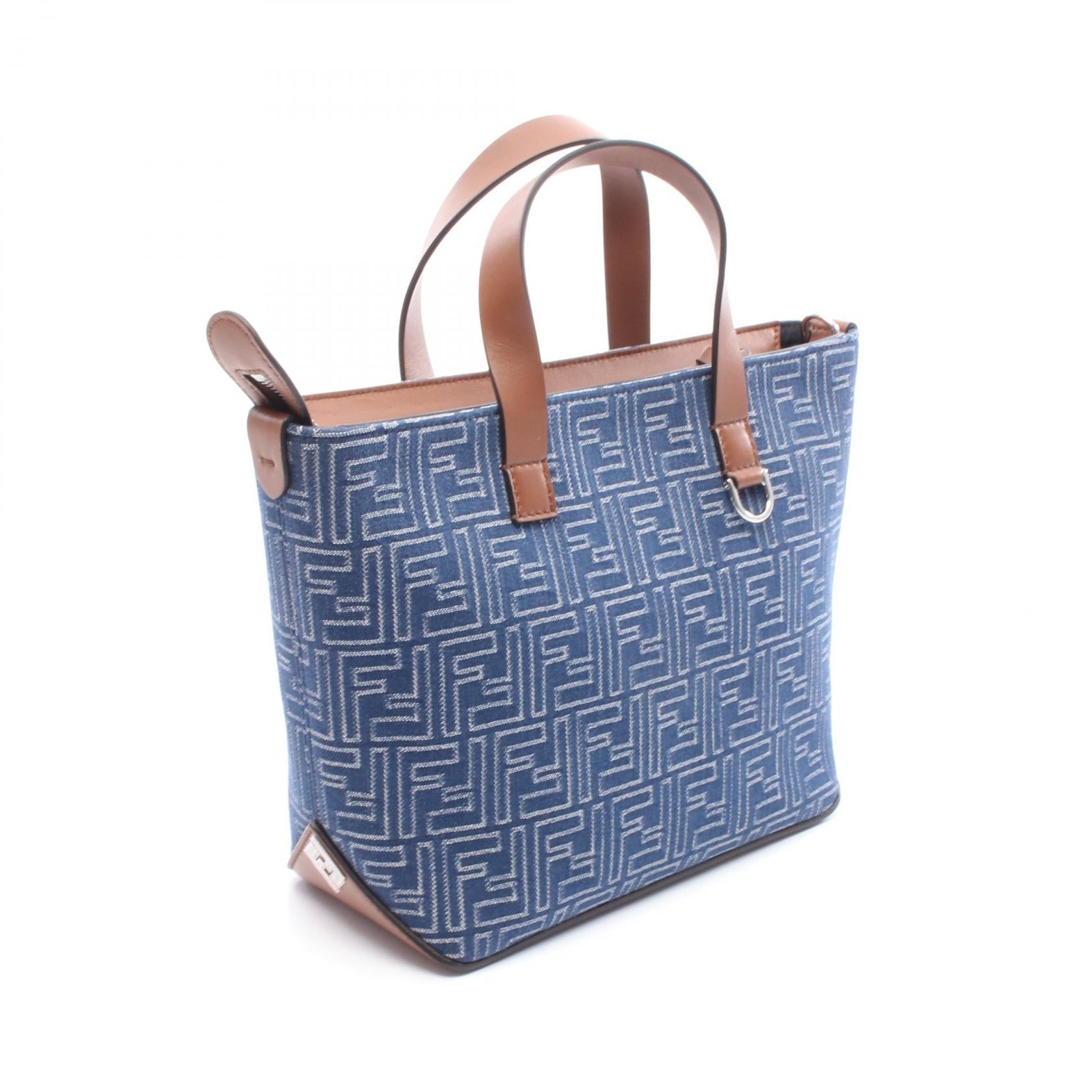 FENDI ハンドバッグ 青 革製 FFショッピングバッグ スモール ハンドバッグ デニム レザー ネイビー